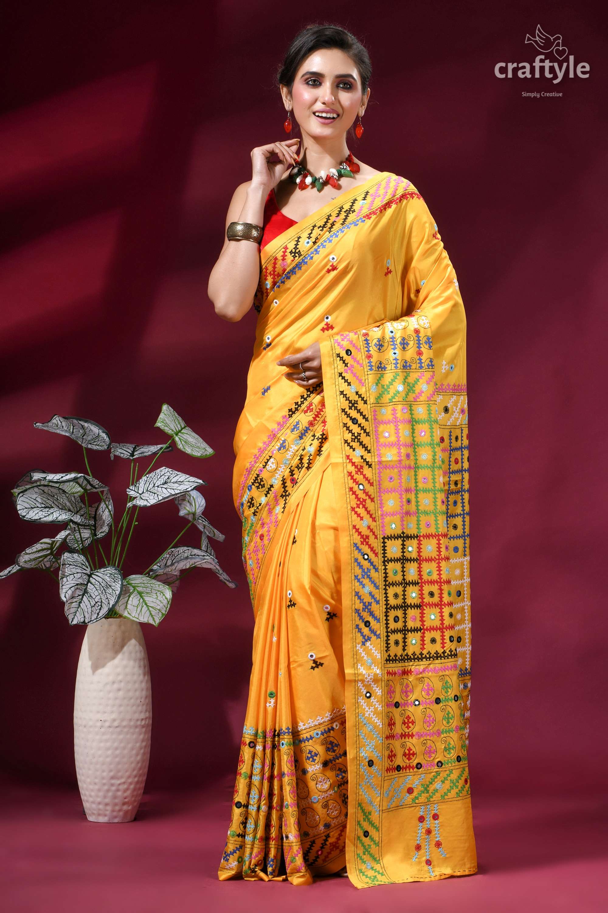 Golden Yellow Multi-thread Kutch Embroidered Silk Saree - Mirror Work