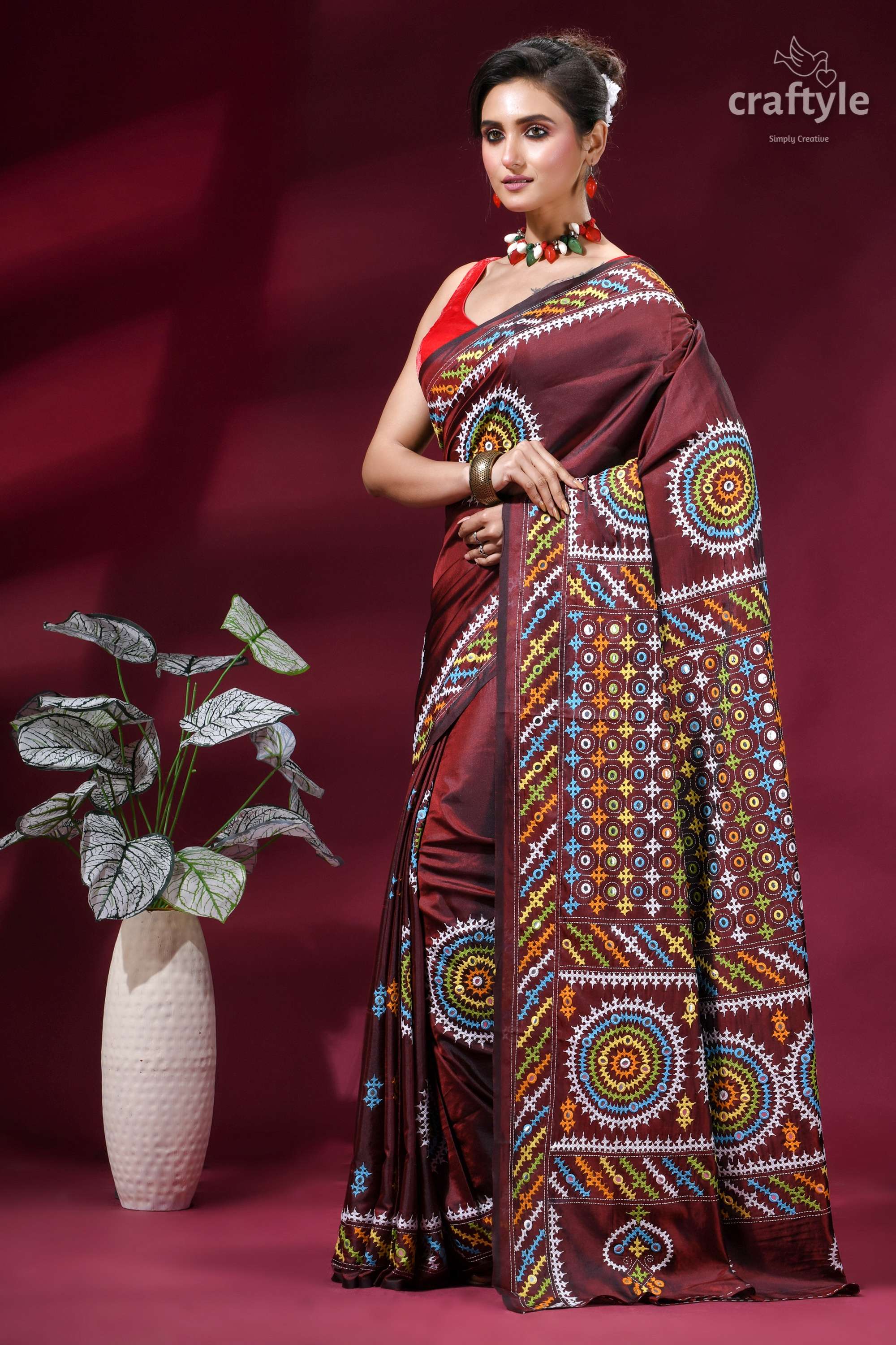 Handcrafted Kutch Work Silk Saree in Purple Brown with Mirror Work