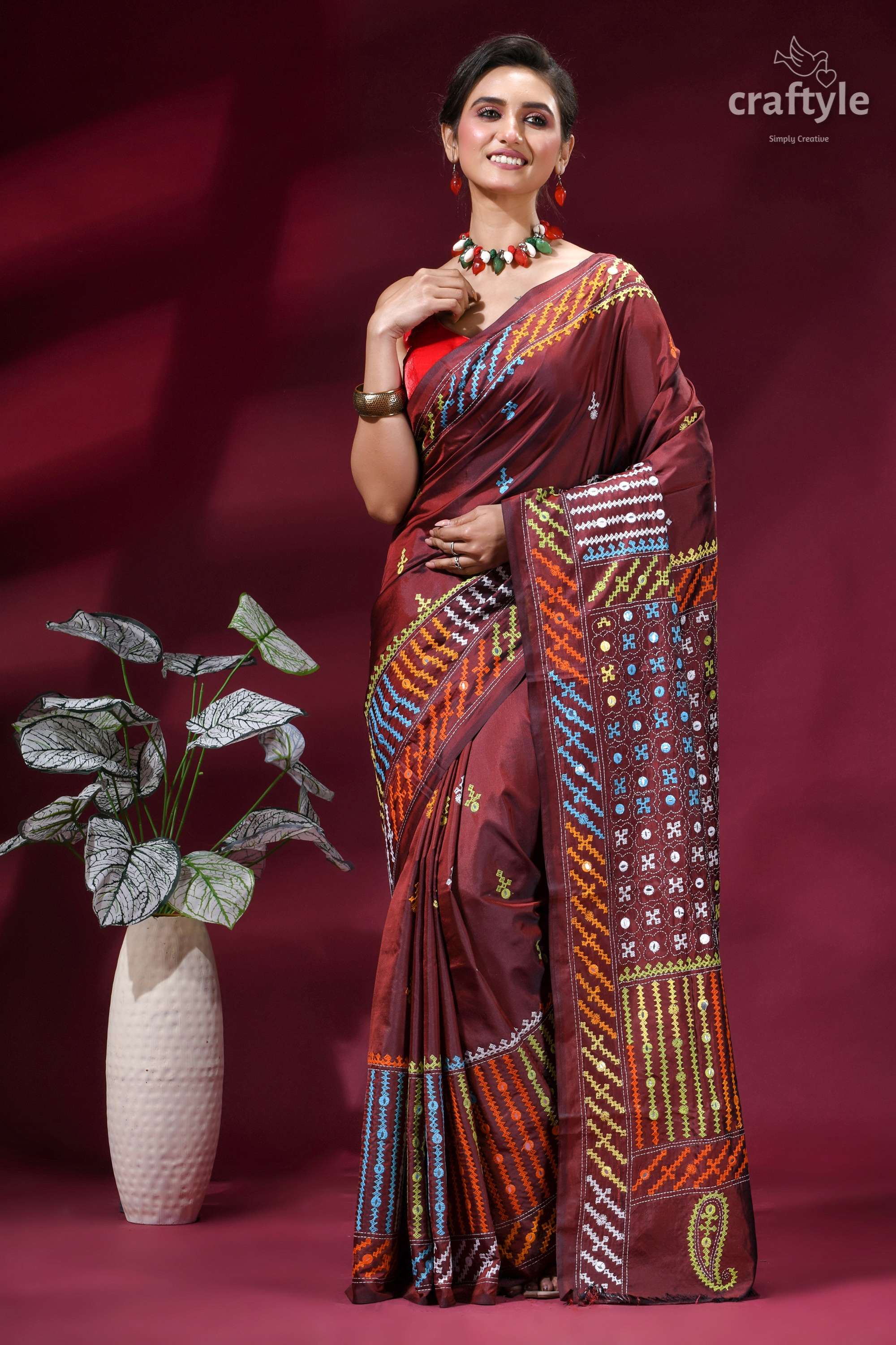 Wine Berry Multi-thread Hand Kutch Embroidery Silk Saree - Mirror Detailing