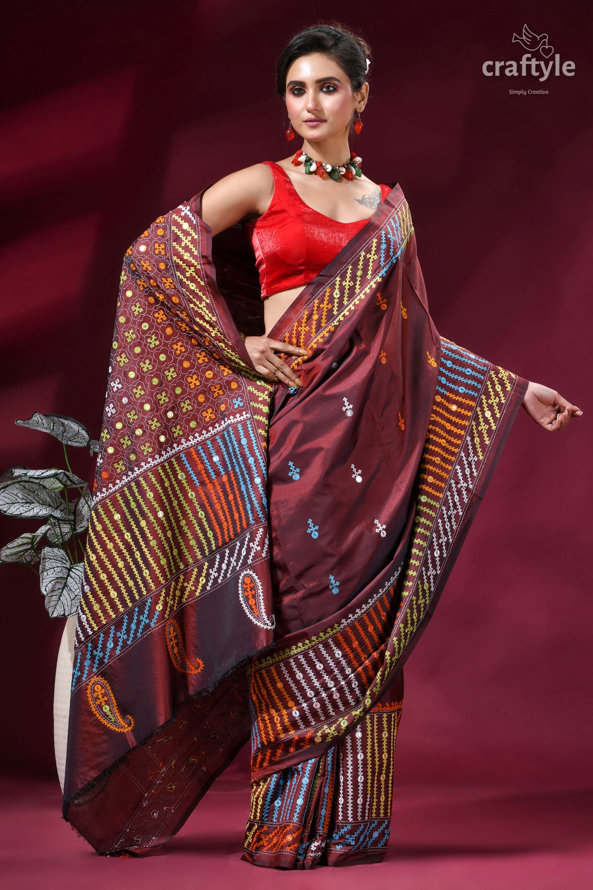 Wine Berry Multi-thread Hand Kutch Embroidery Silk Saree - Mirror Detailing