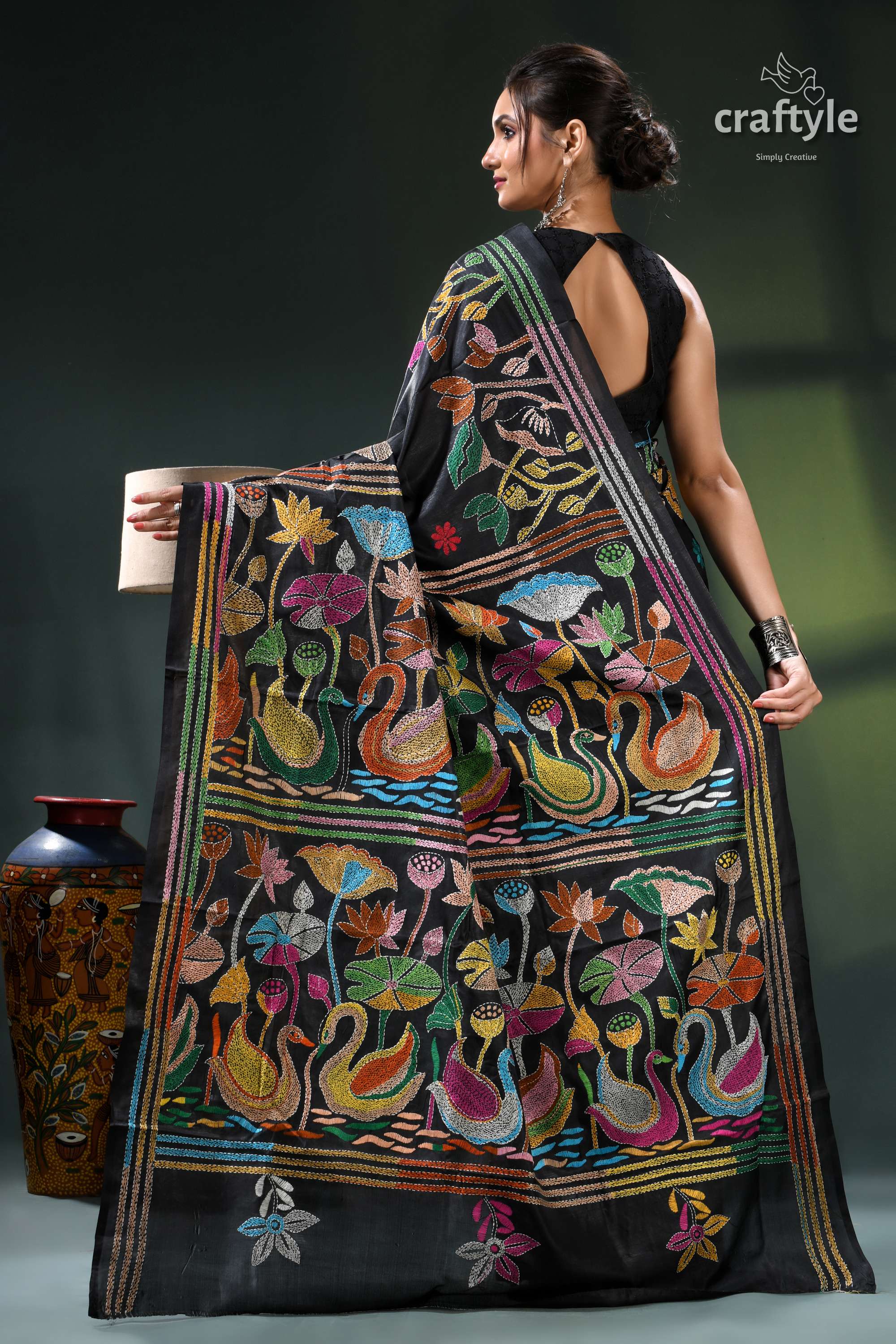 Flora and Fauna Motif Hand Embroidered Silk Kantha Saree in Black