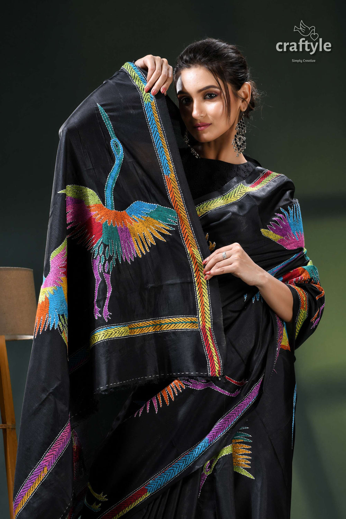 Artisanal Heron Motif Black Silk Kantha Saree - Hand Embroidery