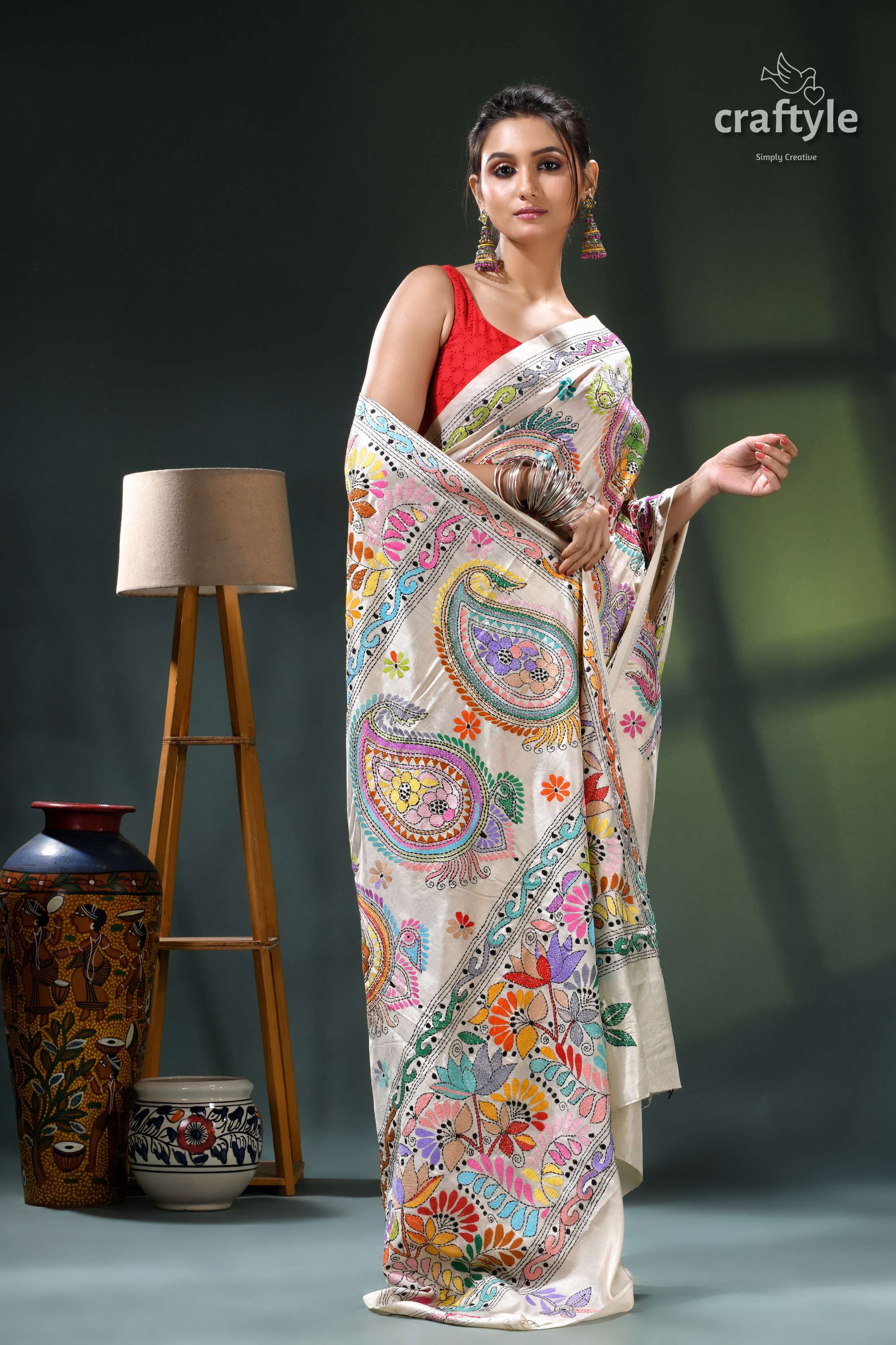 Multi-thread Floral Designer Silk Kantha Work Saree in White