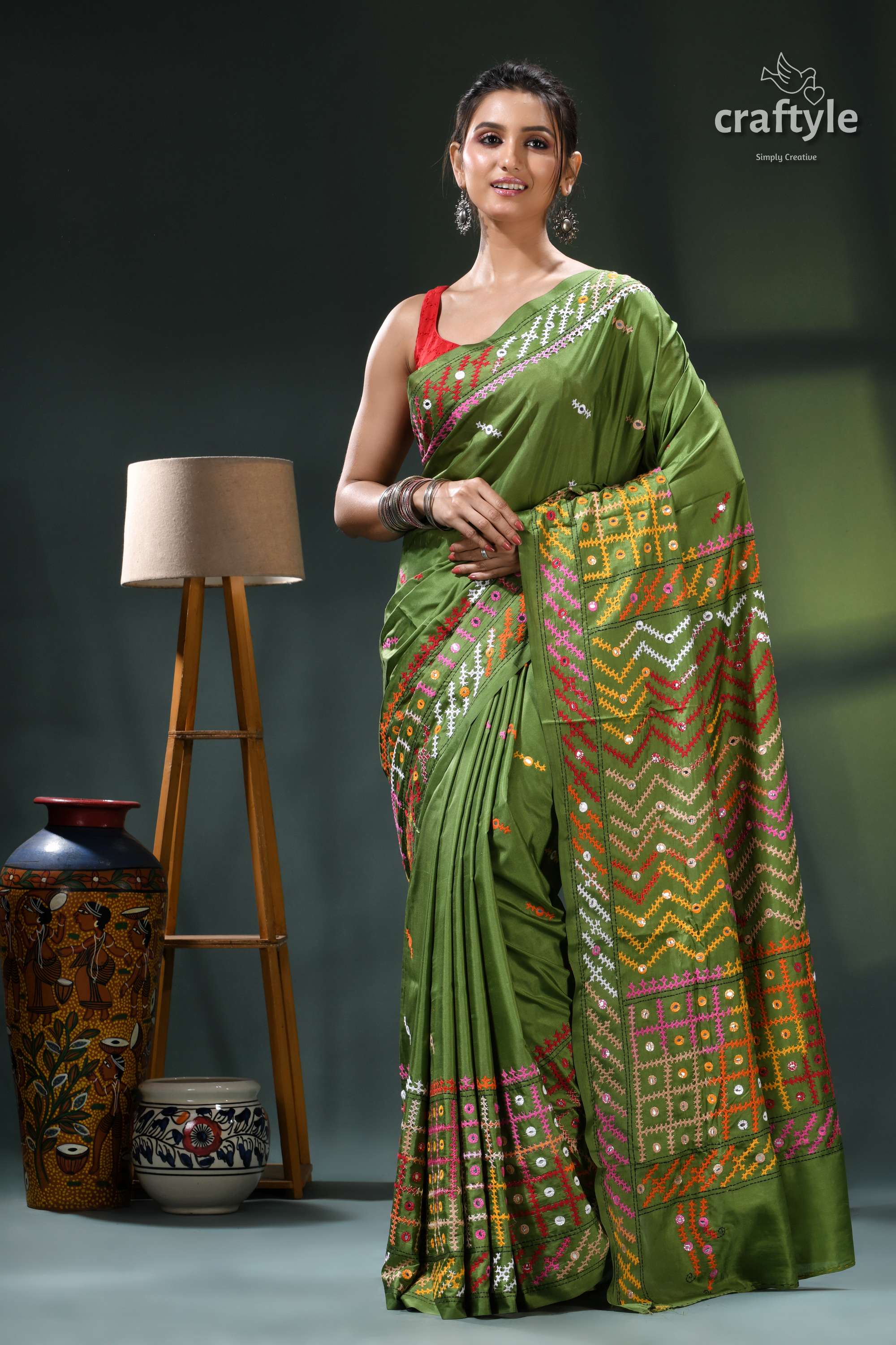 Sap Green Multicolor Kutch Embroidery Silk Saree - Mirror Work