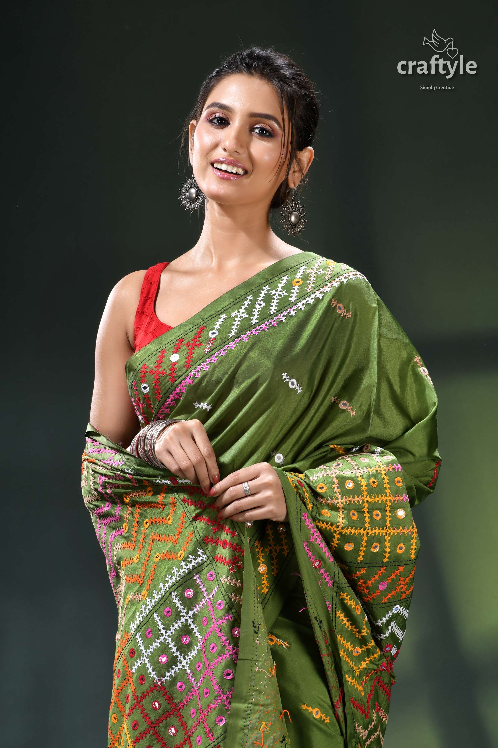 Sap Green Multicolor Kutch Embroidery Silk Saree - Mirror Work