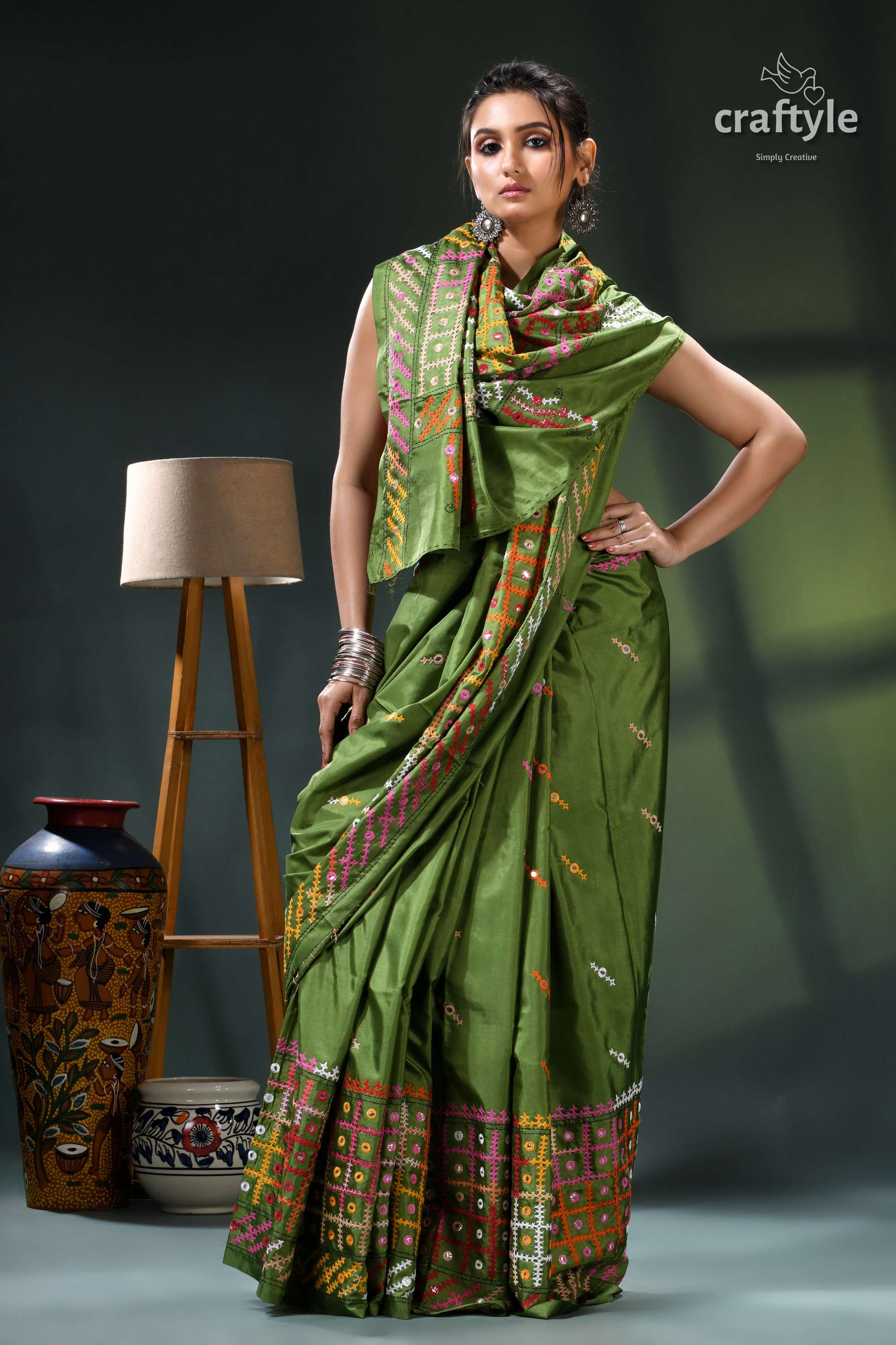 Sap Green Multicolor Kutch Embroidery Silk Saree - Mirror Work