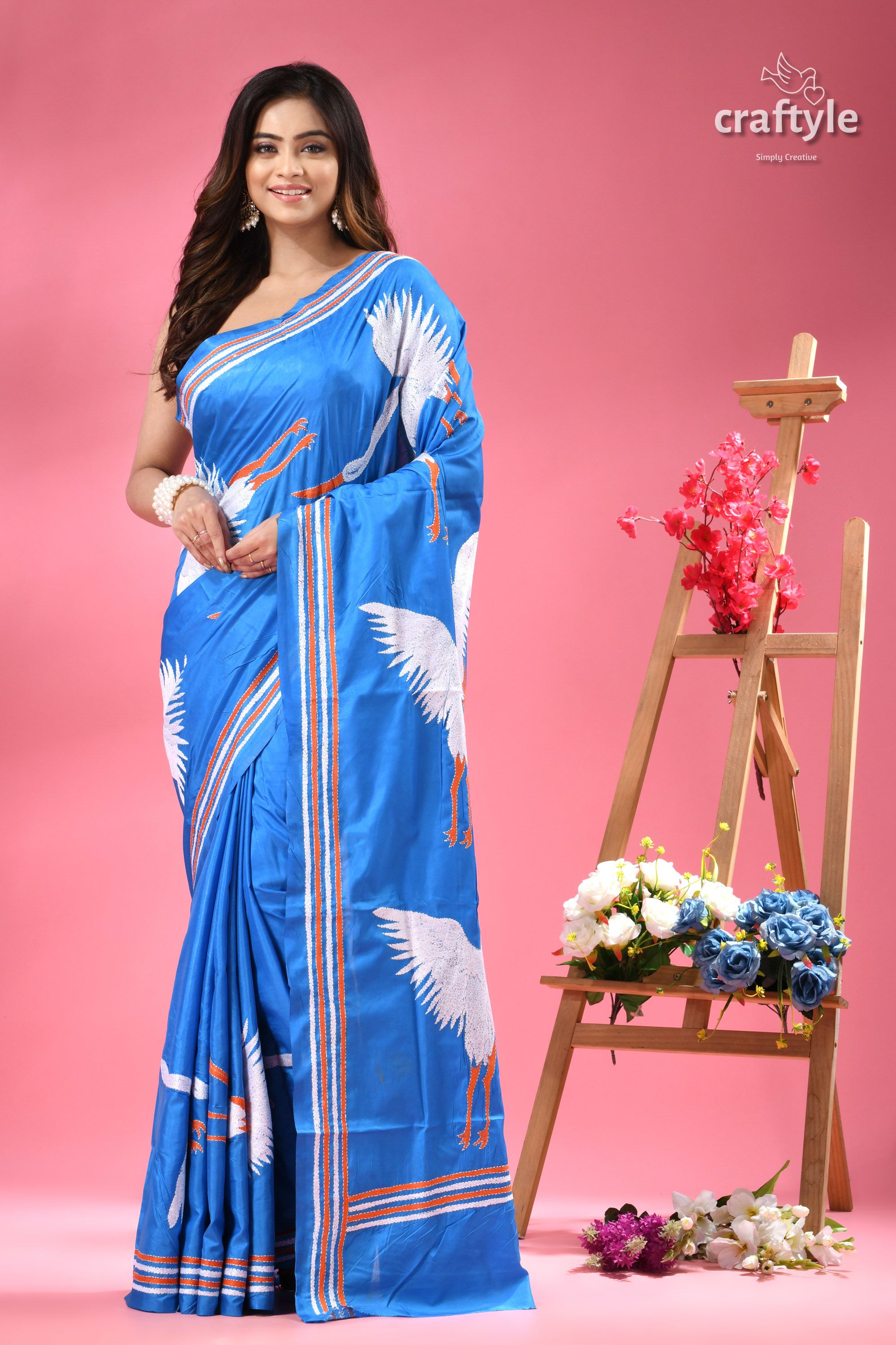 Celestial Blue Heron Design Bengali Silk Kantha Saree
