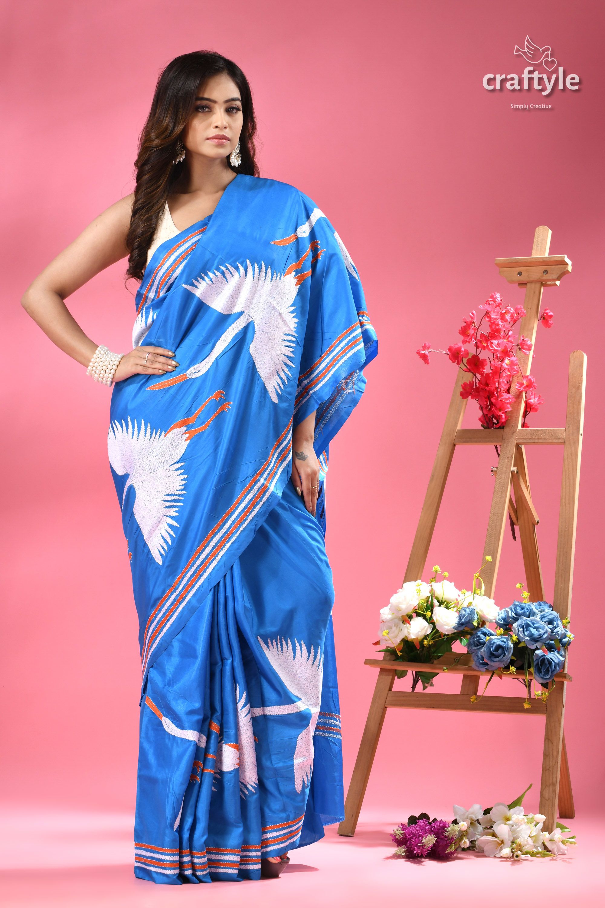 Celestial Blue Heron Design Bengali Silk Kantha Saree