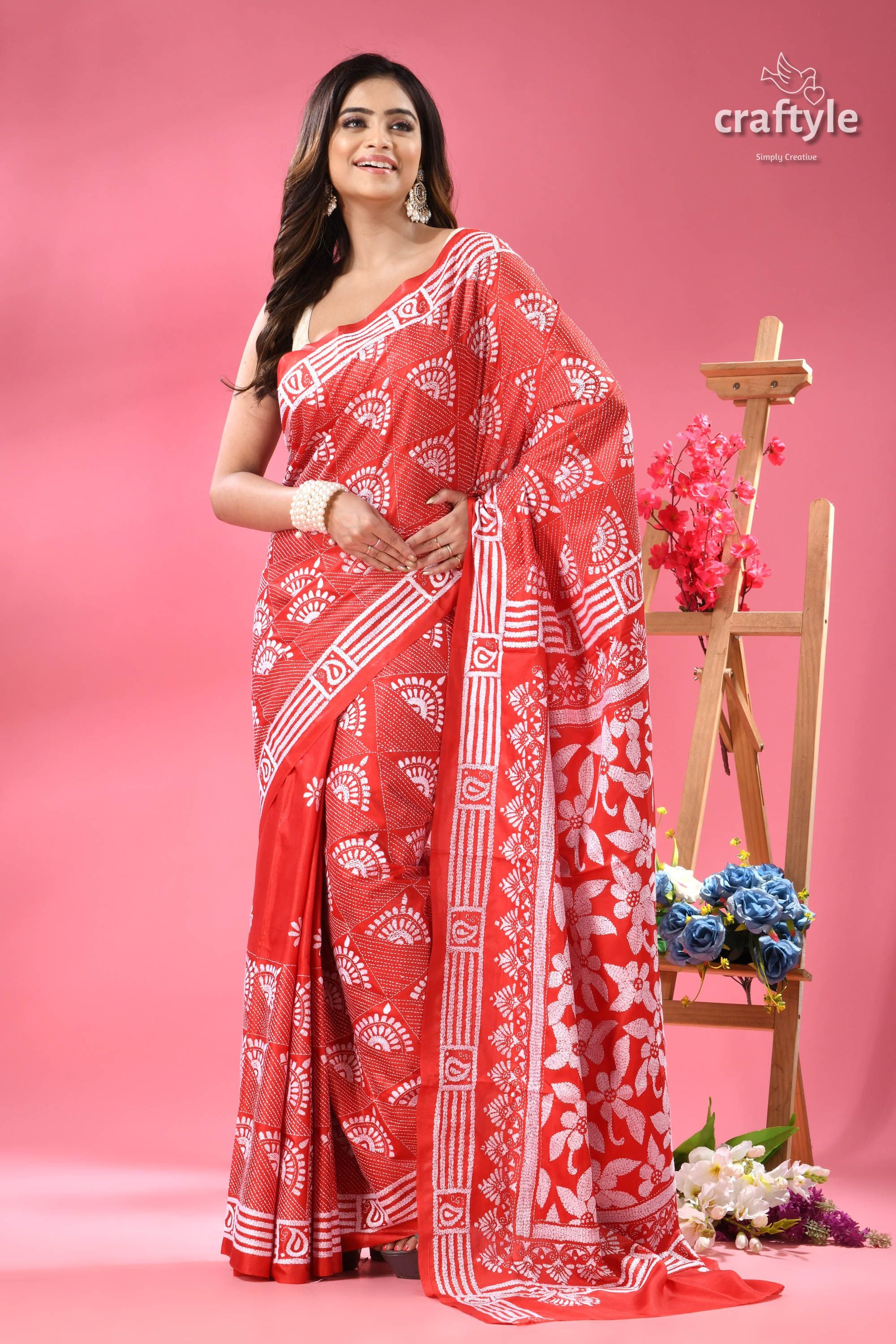 Amaranth Red and White Floral Exclusive Kantha Silk Saree