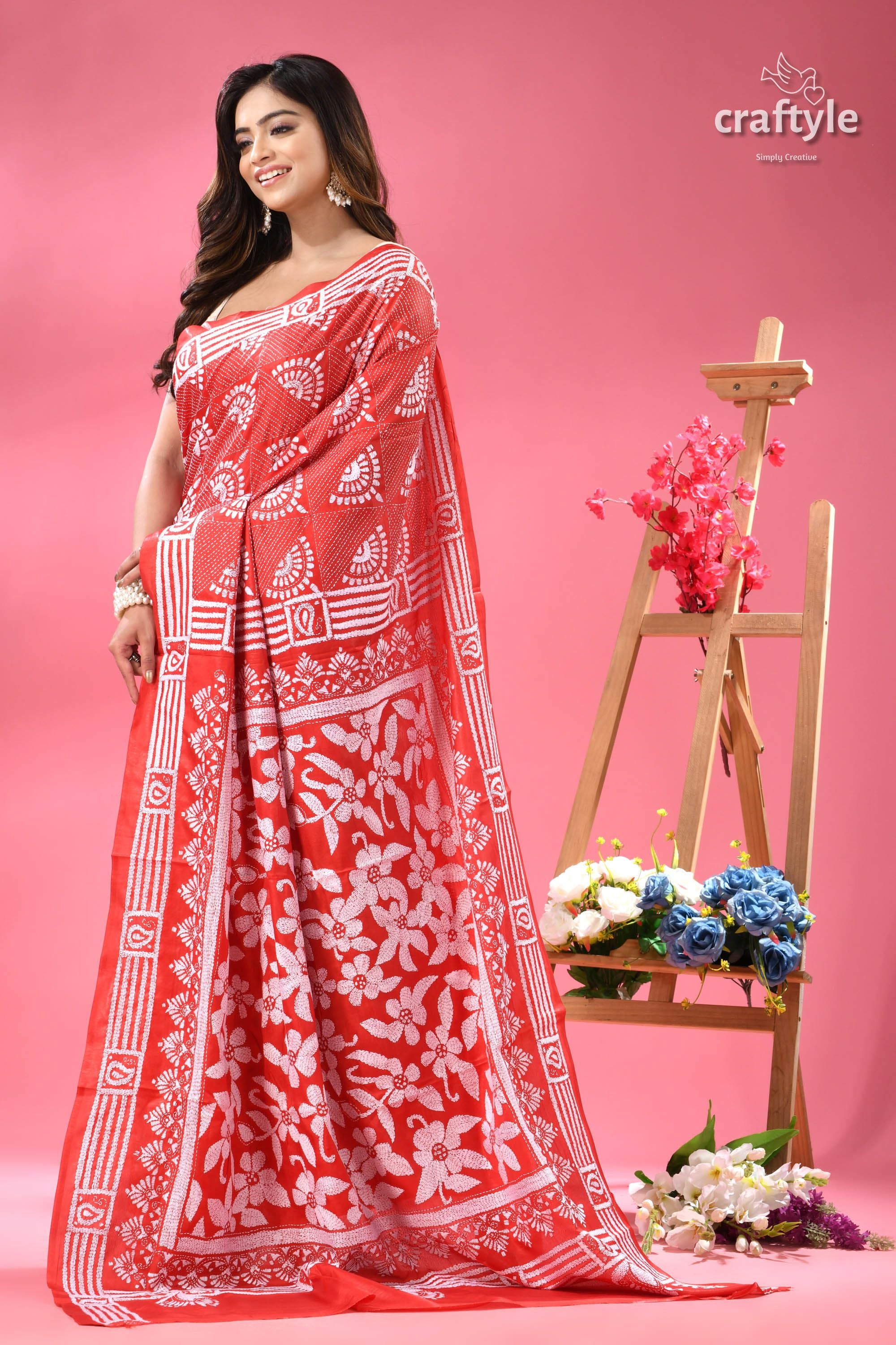 Amaranth Red and White Floral Exclusive Kantha Silk Saree
