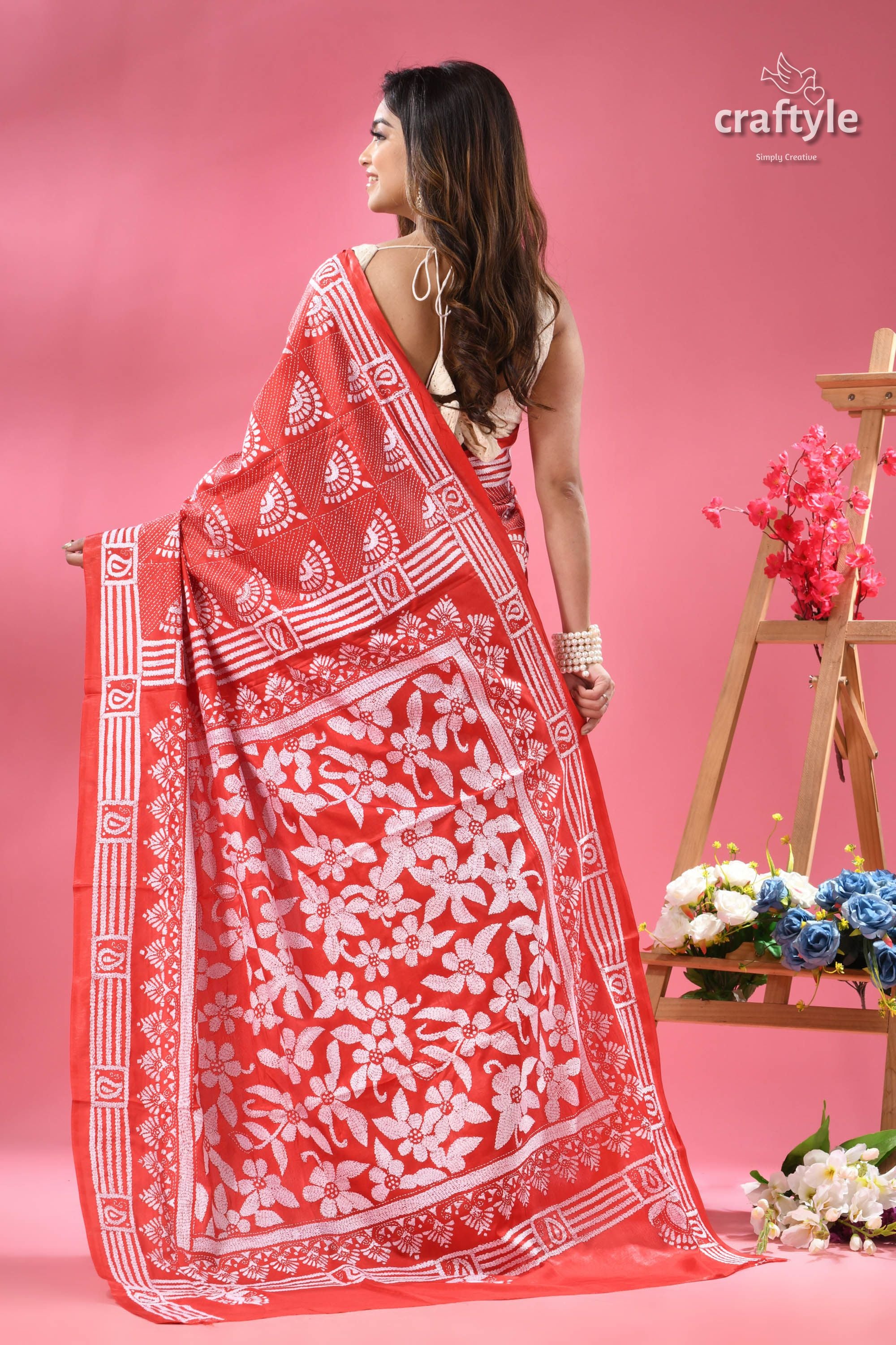 Amaranth Red and White Floral Exclusive Kantha Silk Saree