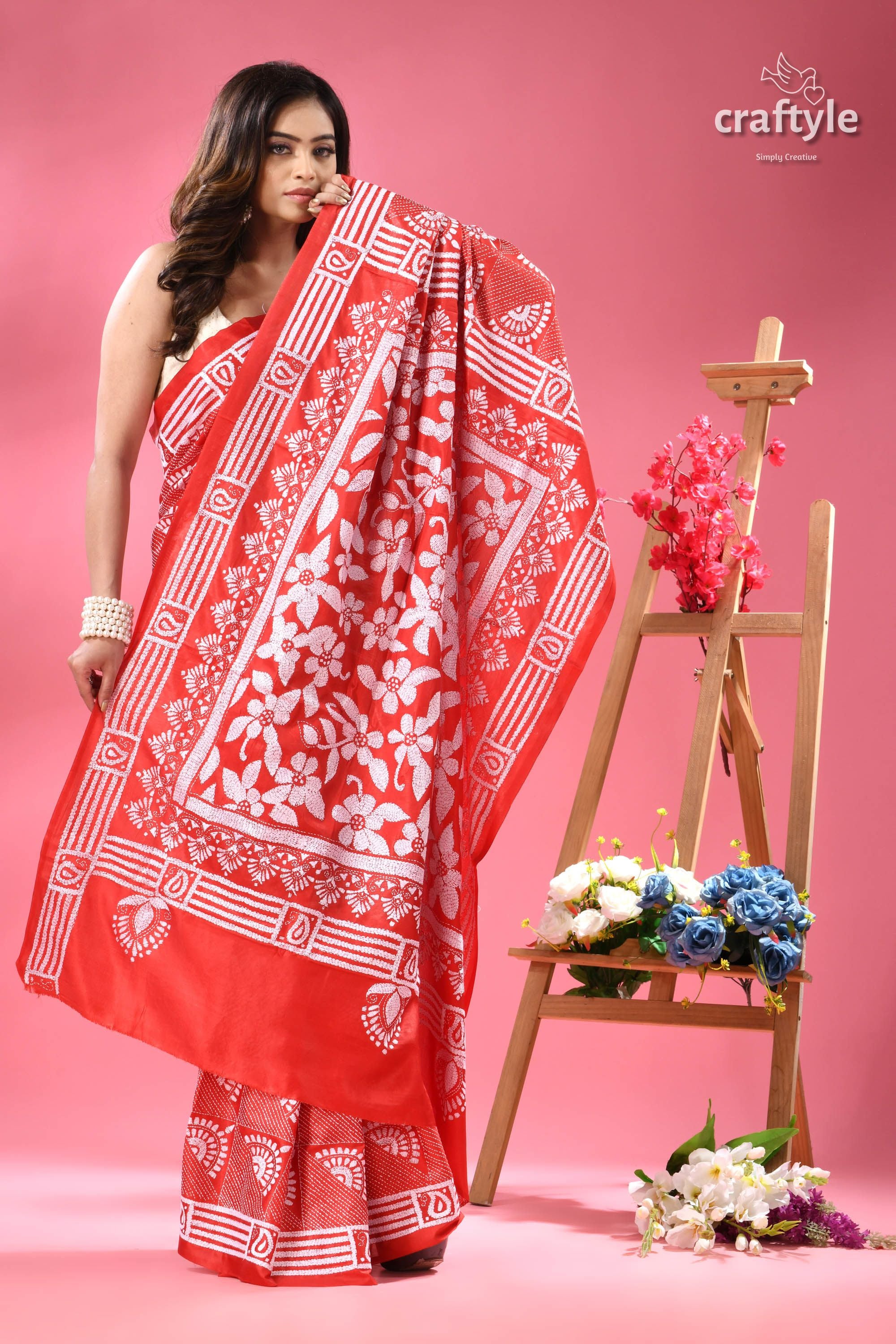 Amaranth Red and White Floral Exclusive Kantha Silk Saree