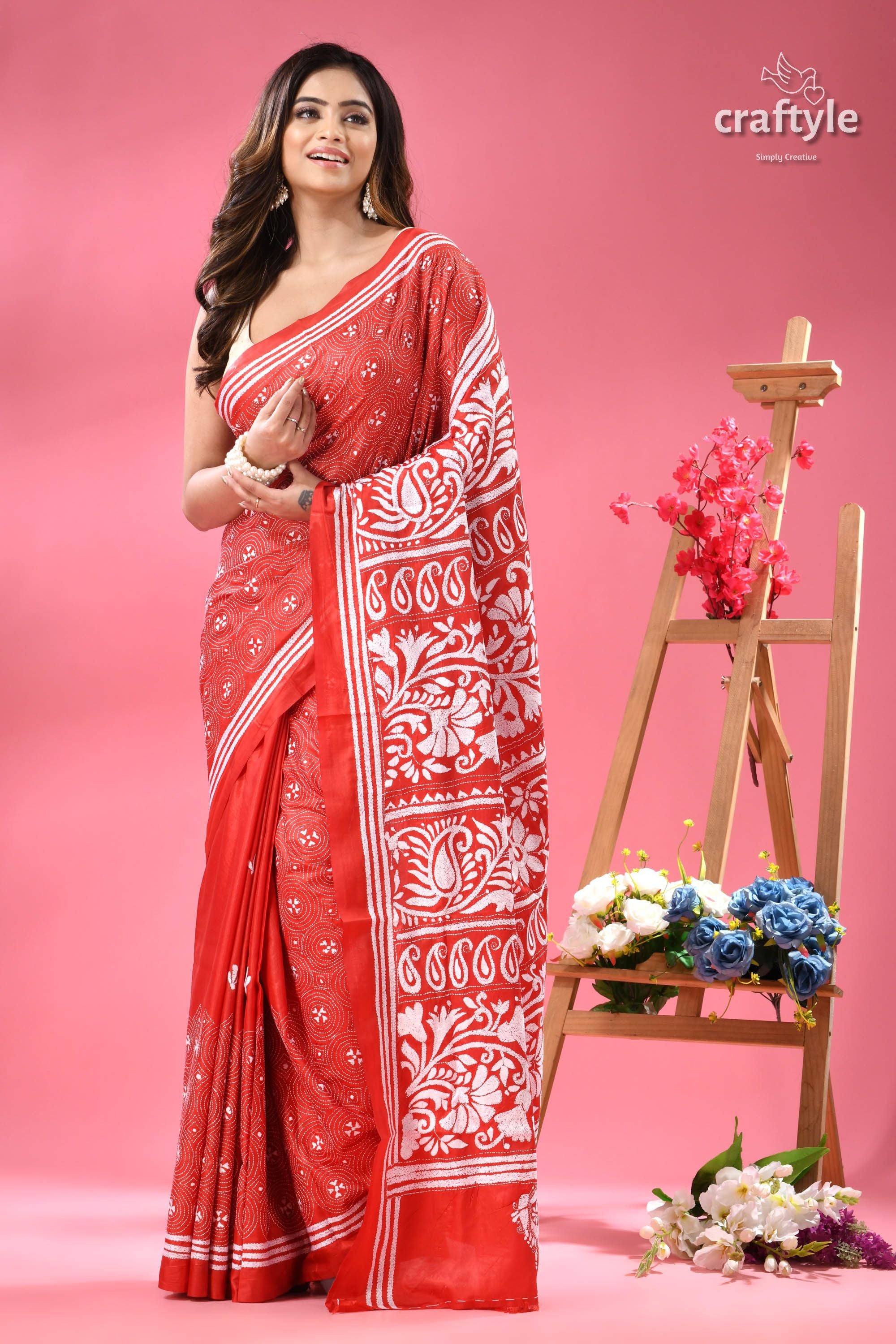 Bright Red White Thread Handmade Silk Kantha Saree