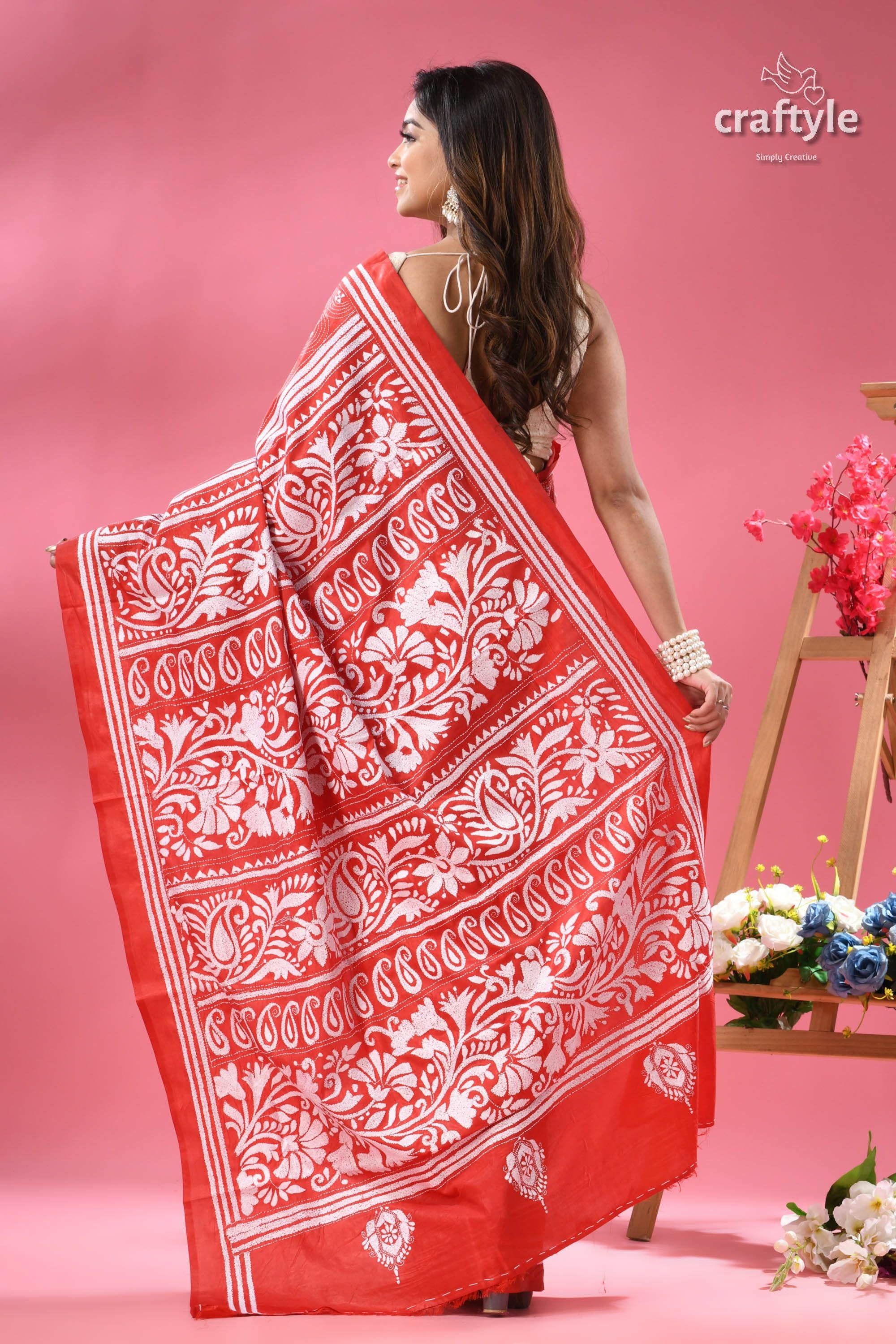 Bright Red White Thread Handmade Silk Kantha Saree