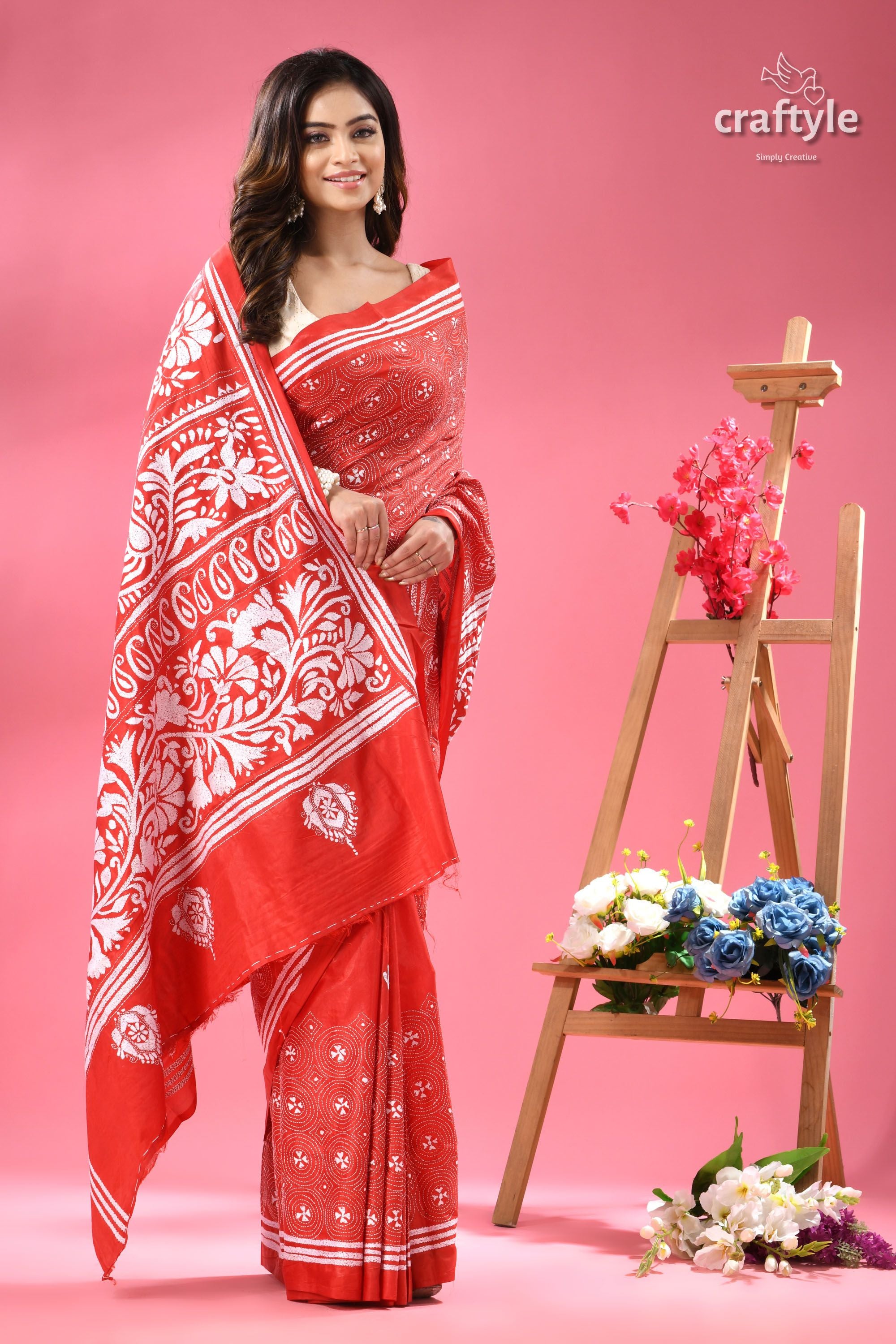 Bright Red White Thread Handmade Silk Kantha Saree