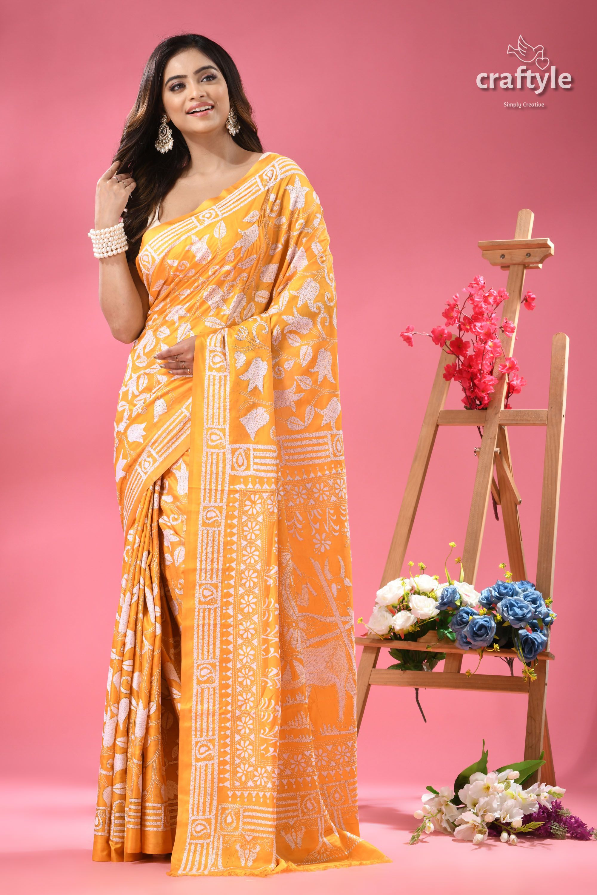 Corn Yellow Artisanal Silk Kantha Saree - Bullock Cart Design