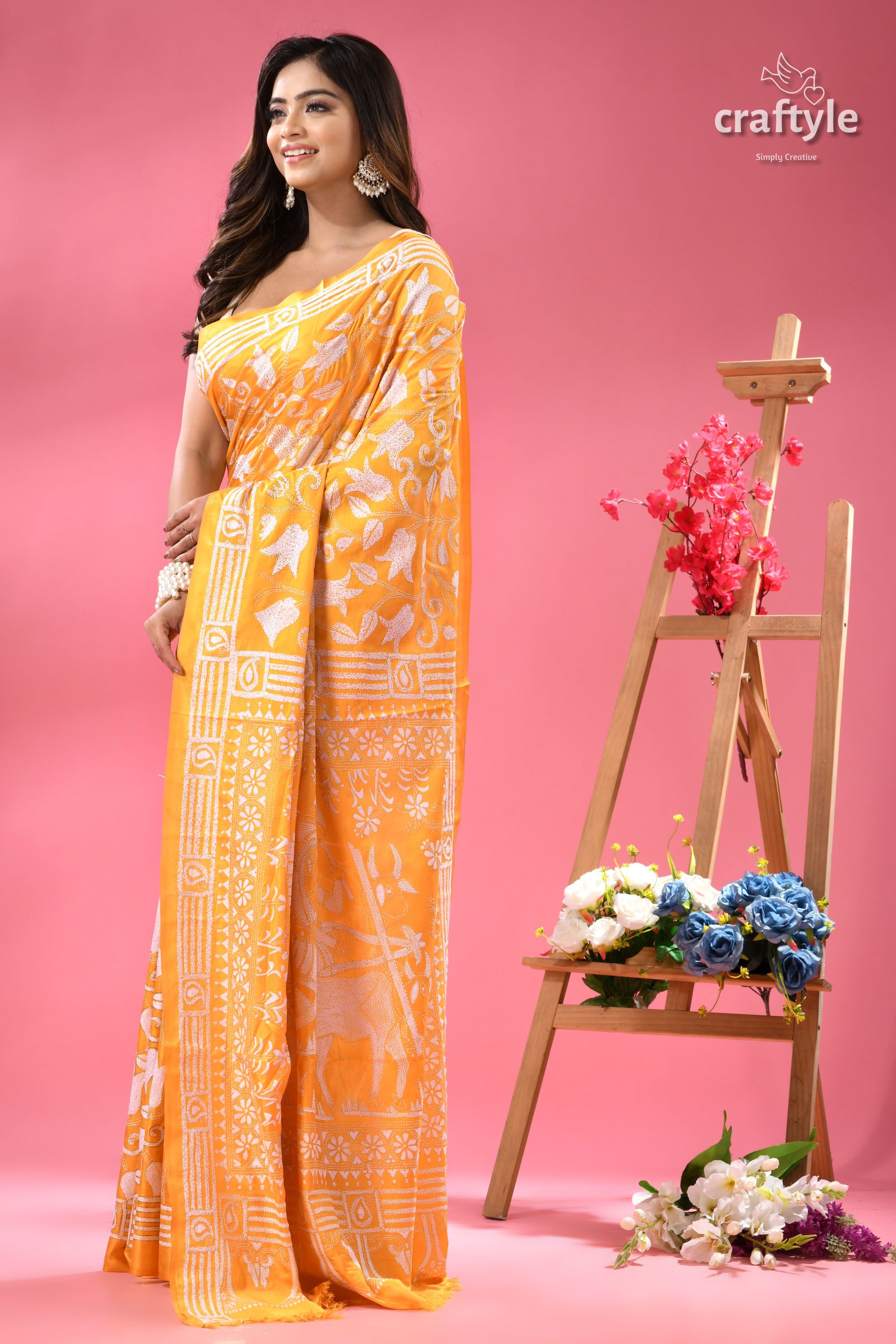 Corn Yellow Artisanal Silk Kantha Saree - Bullock Cart Design