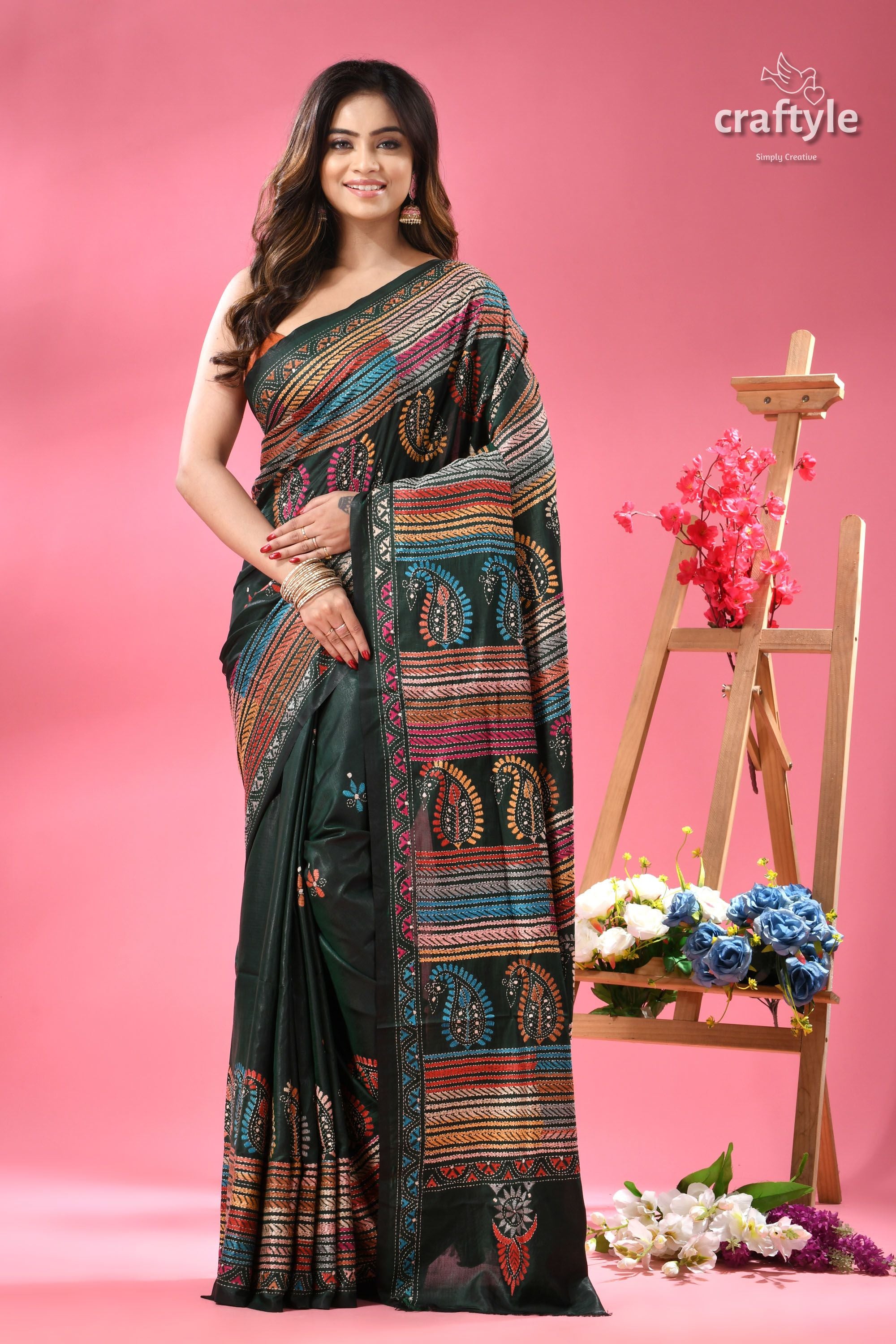 County Green Multi-thread Kantha Stitch Silk Saree
