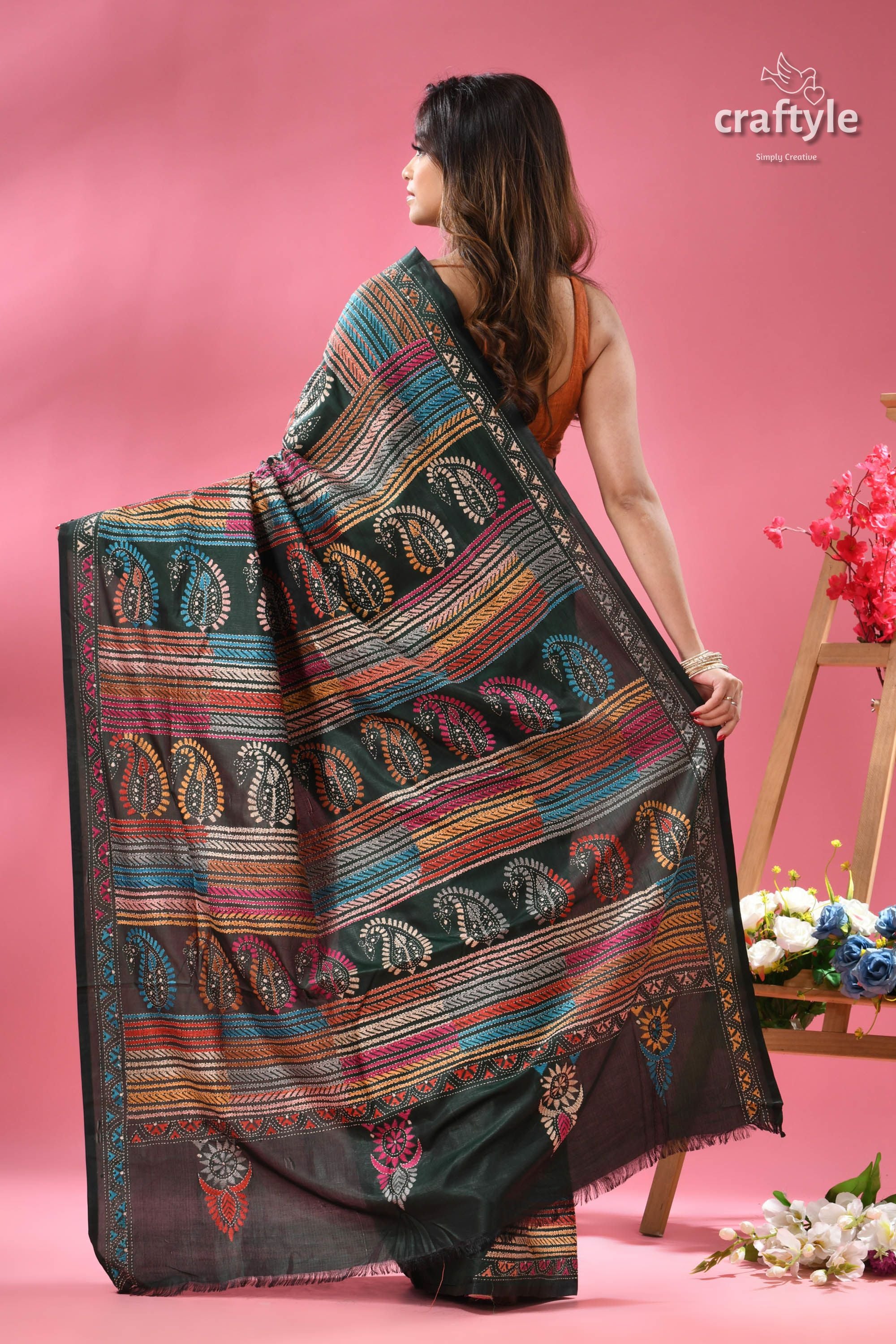County Green Multi-thread Kantha Stitch Silk Saree