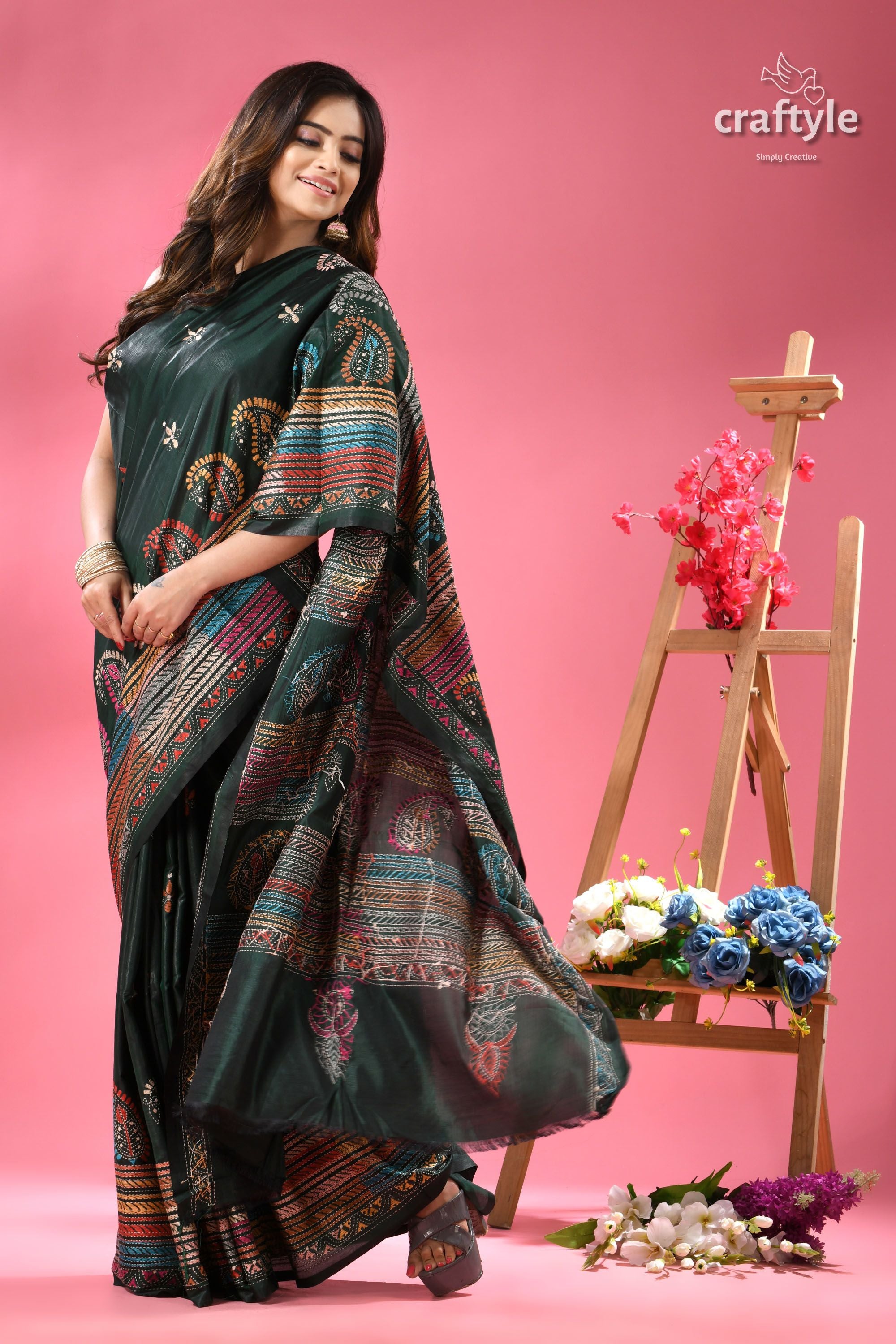 County Green Multi-thread Kantha Stitch Silk Saree