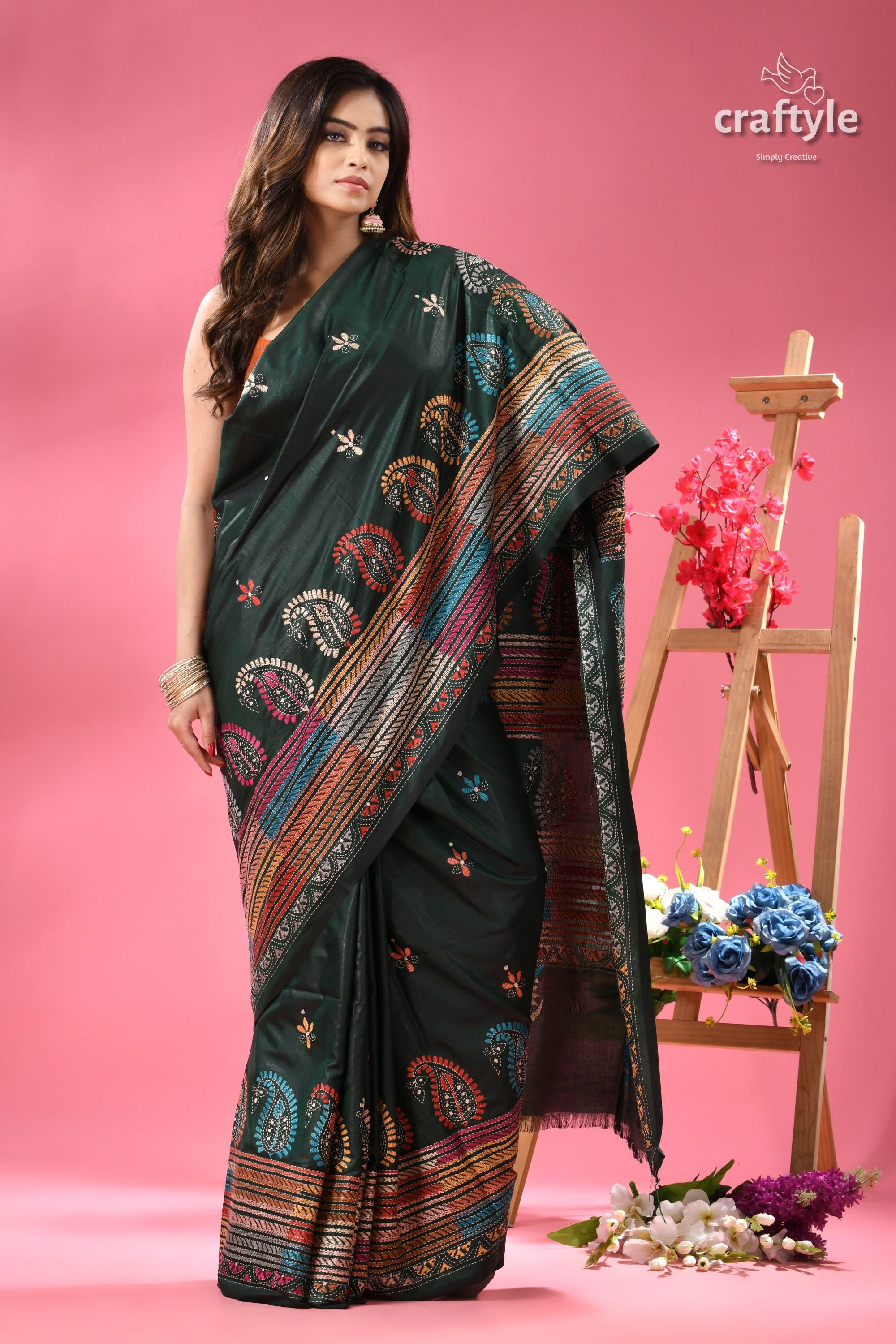 County Green Multi-thread Kantha Stitch Silk Saree