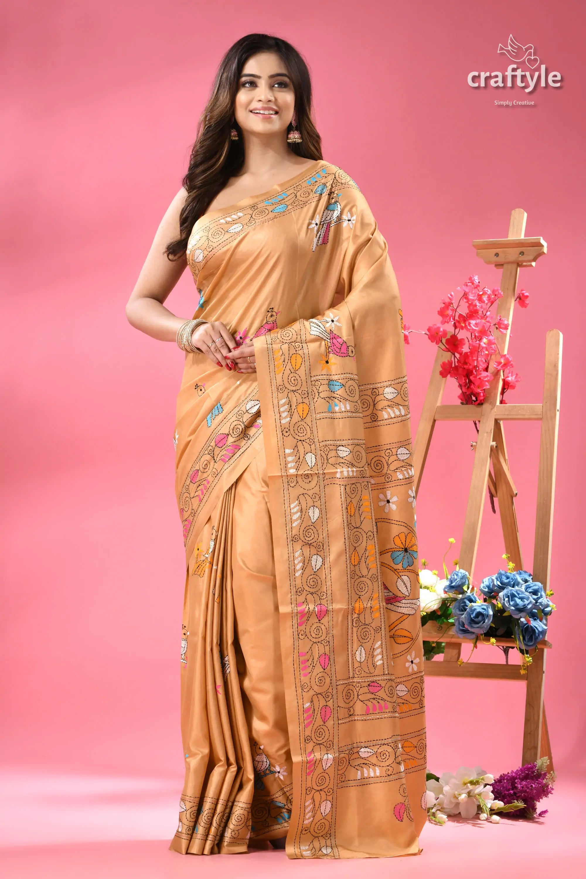 Sapling Multicolor Nature Theme Kantha Silk Saree