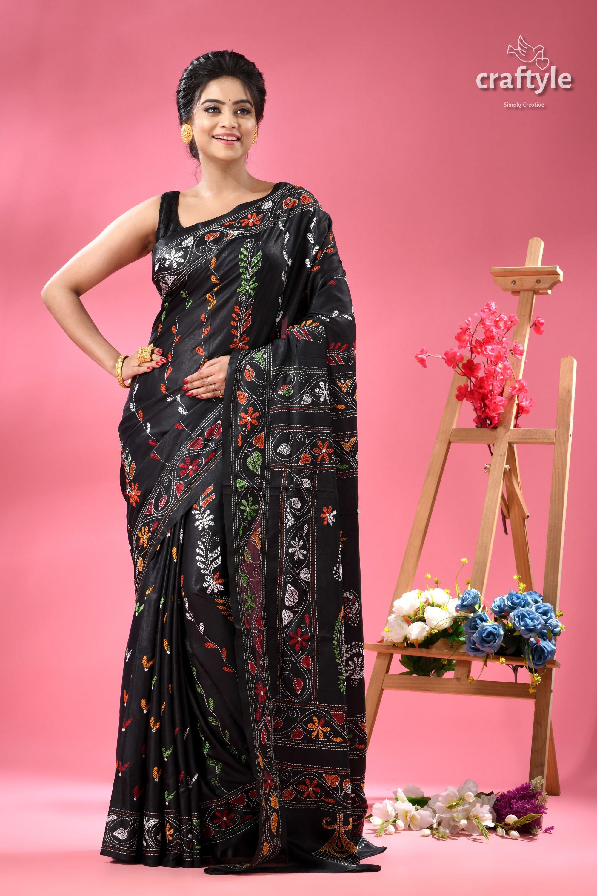 Ebony Black Party Wear Silk Kantha Stitch Saree