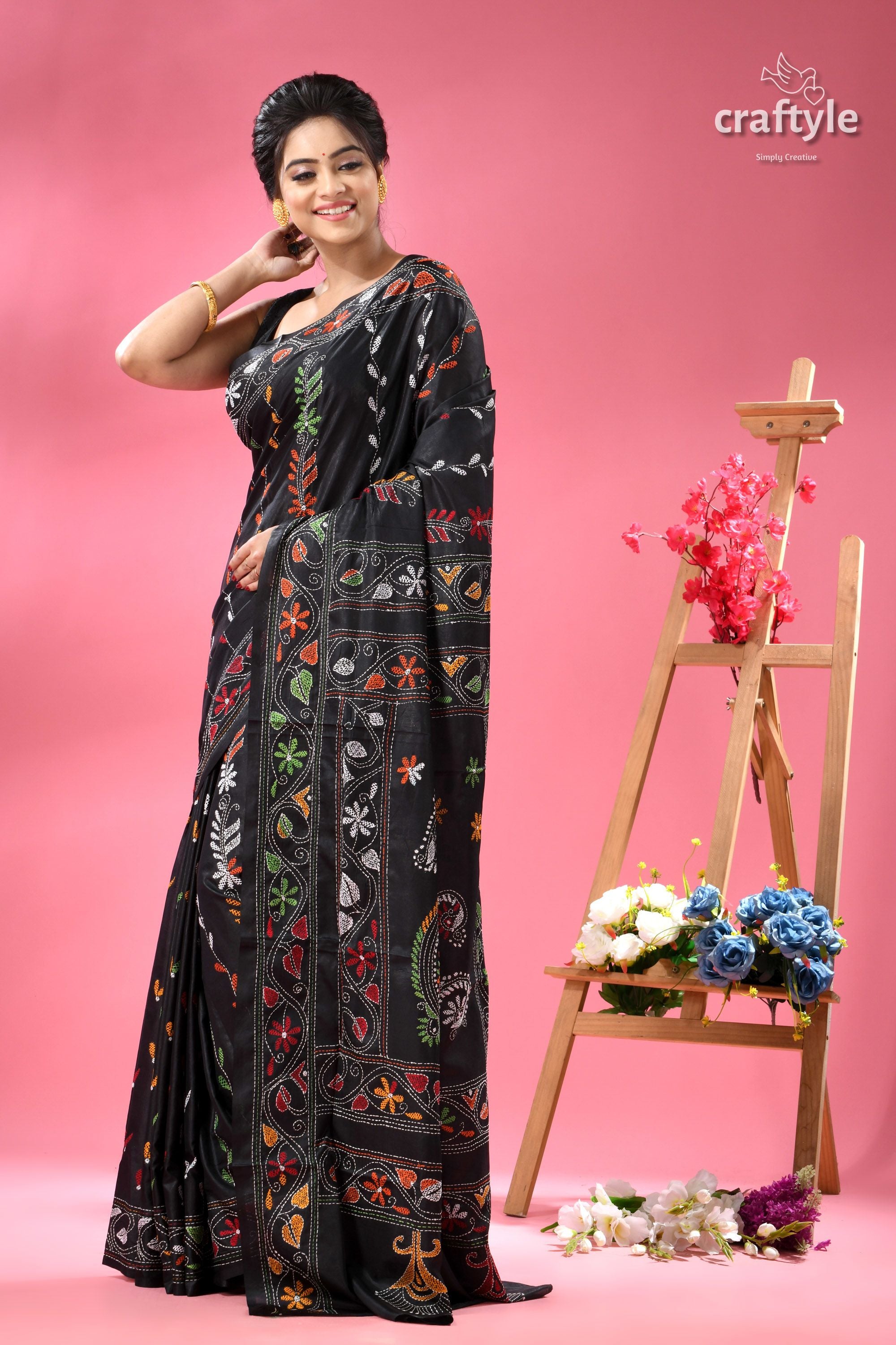 Ebony Black Party Wear Silk Kantha Stitch Saree