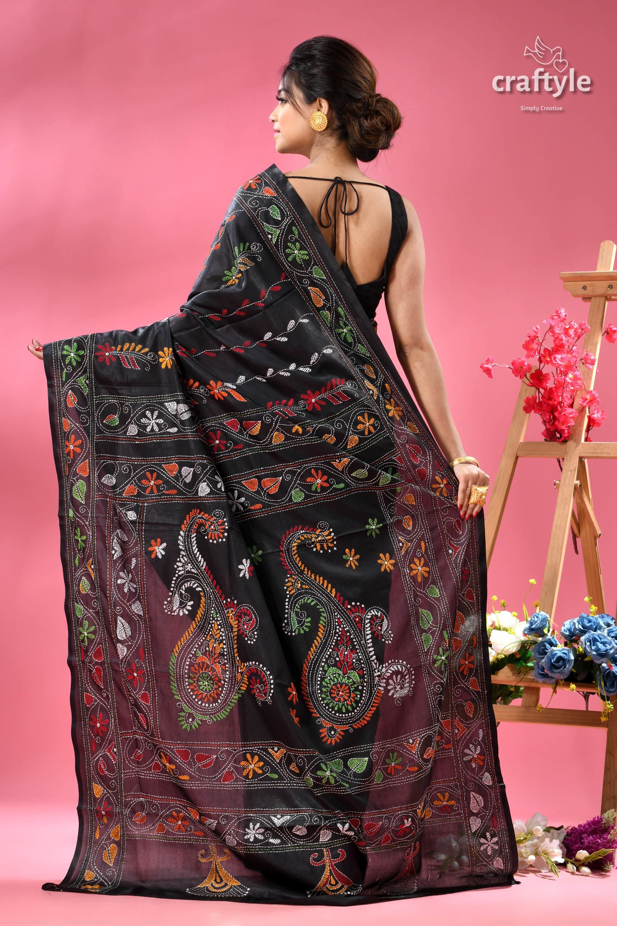 Ebony Black Party Wear Silk Kantha Stitch Saree