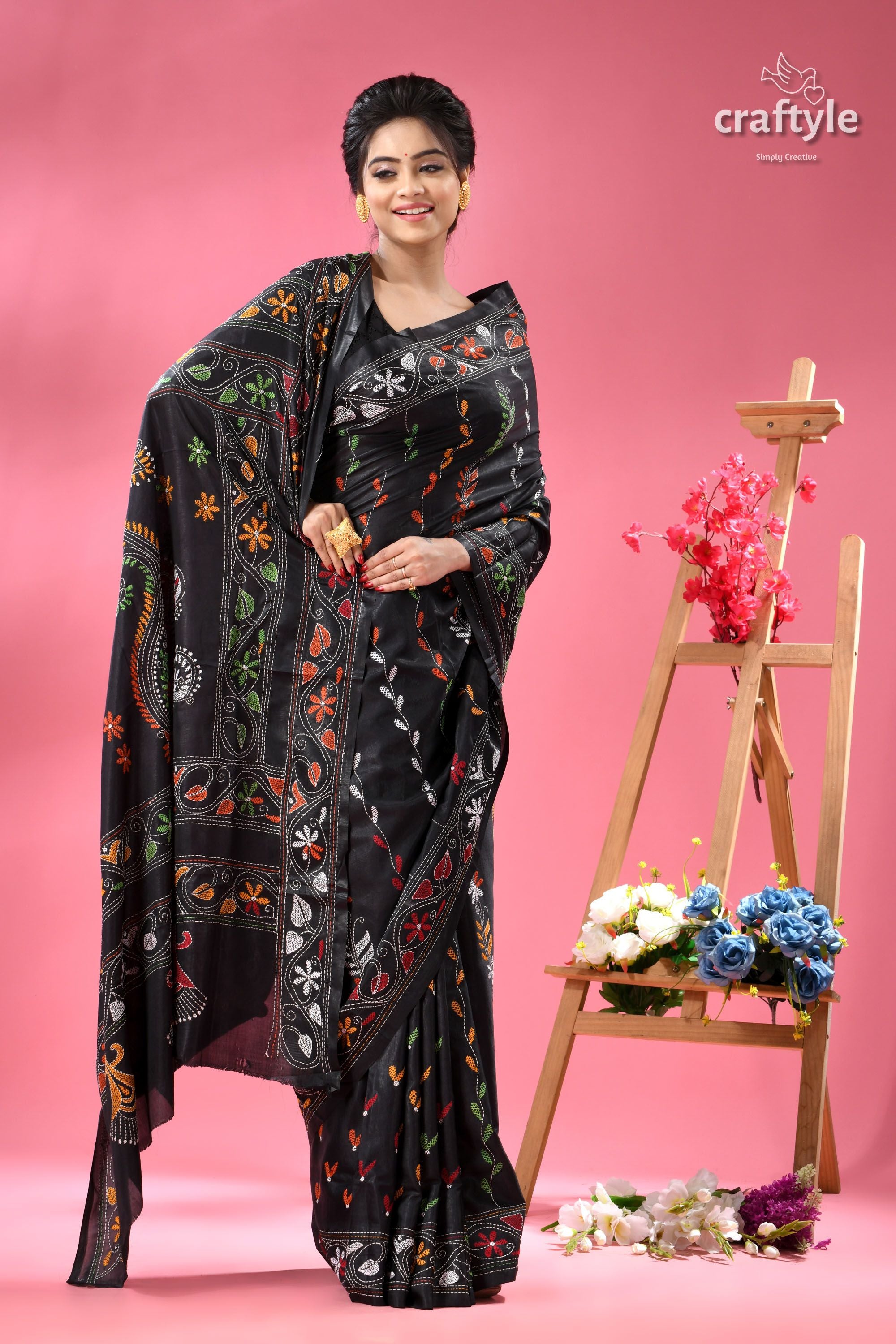 Ebony Black Party Wear Silk Kantha Stitch Saree
