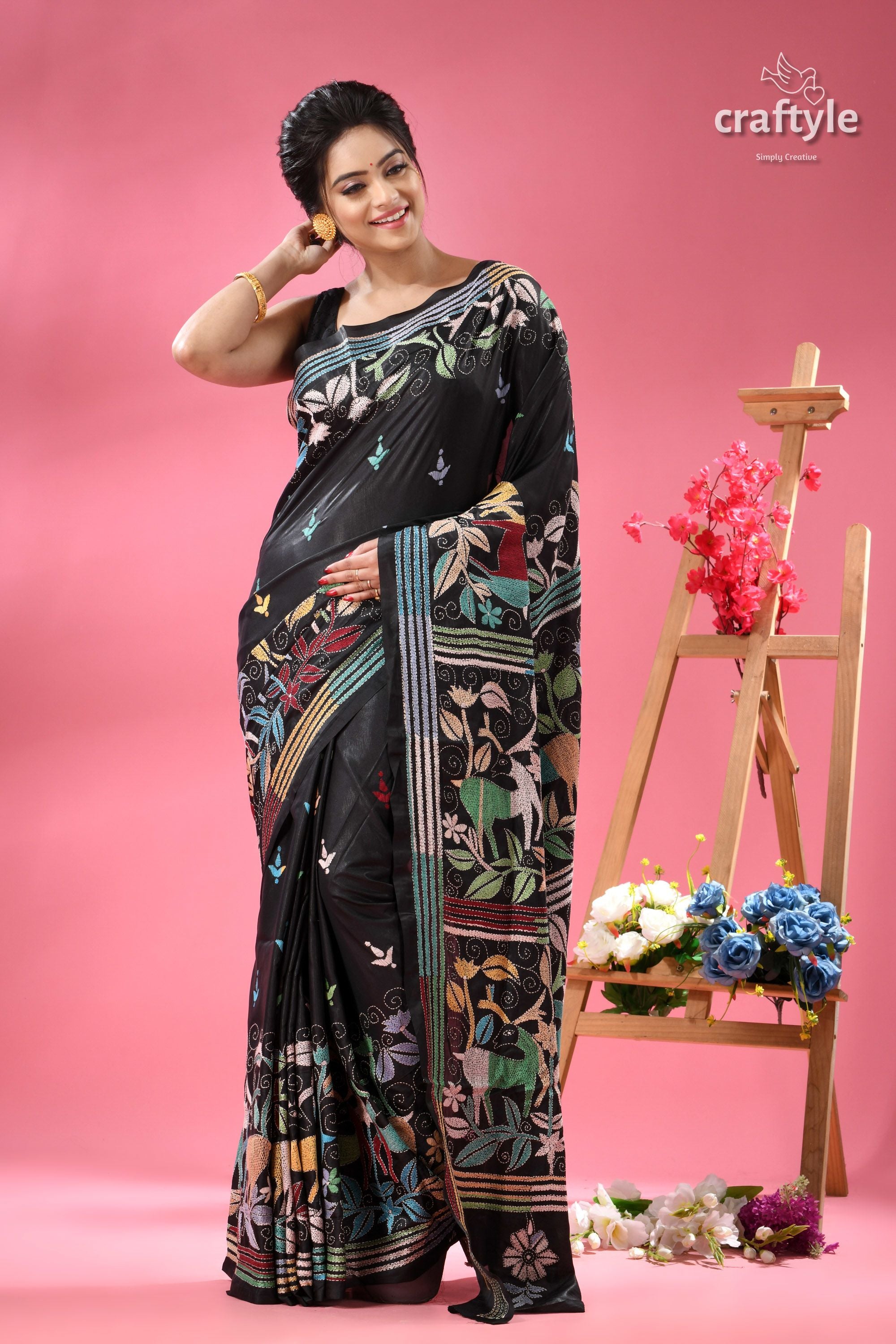 Charcoal Black Kantha Silk Saree with Exclusive Deer Motif