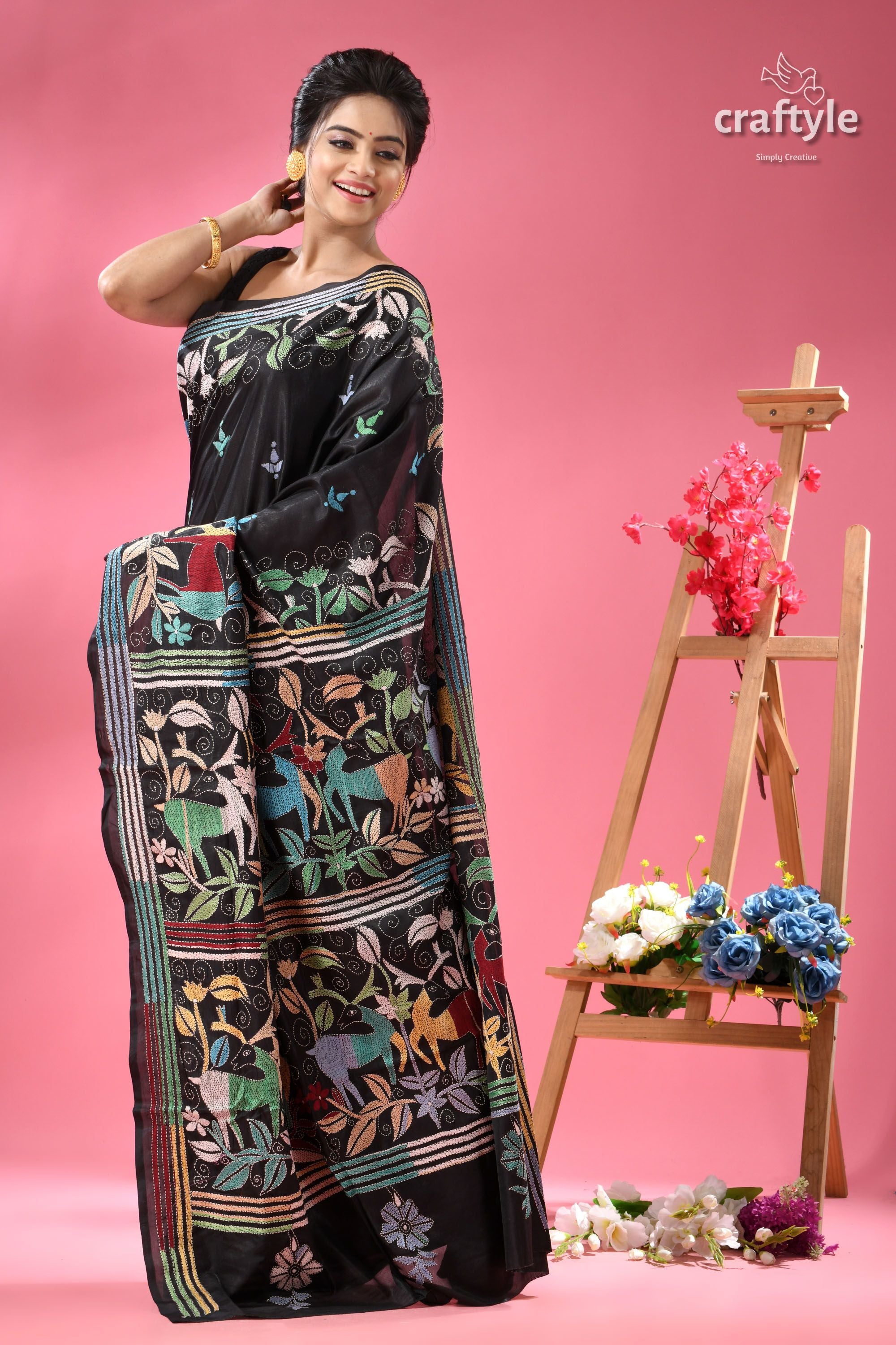 Charcoal Black Kantha Silk Saree with Exclusive Deer Motif