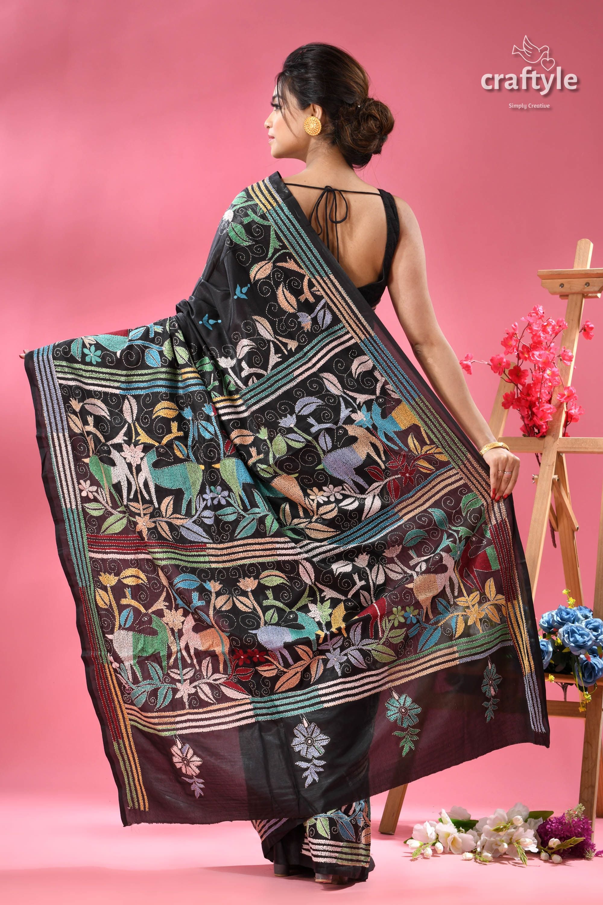 Charcoal Black Kantha Silk Saree with Exclusive Deer Motif