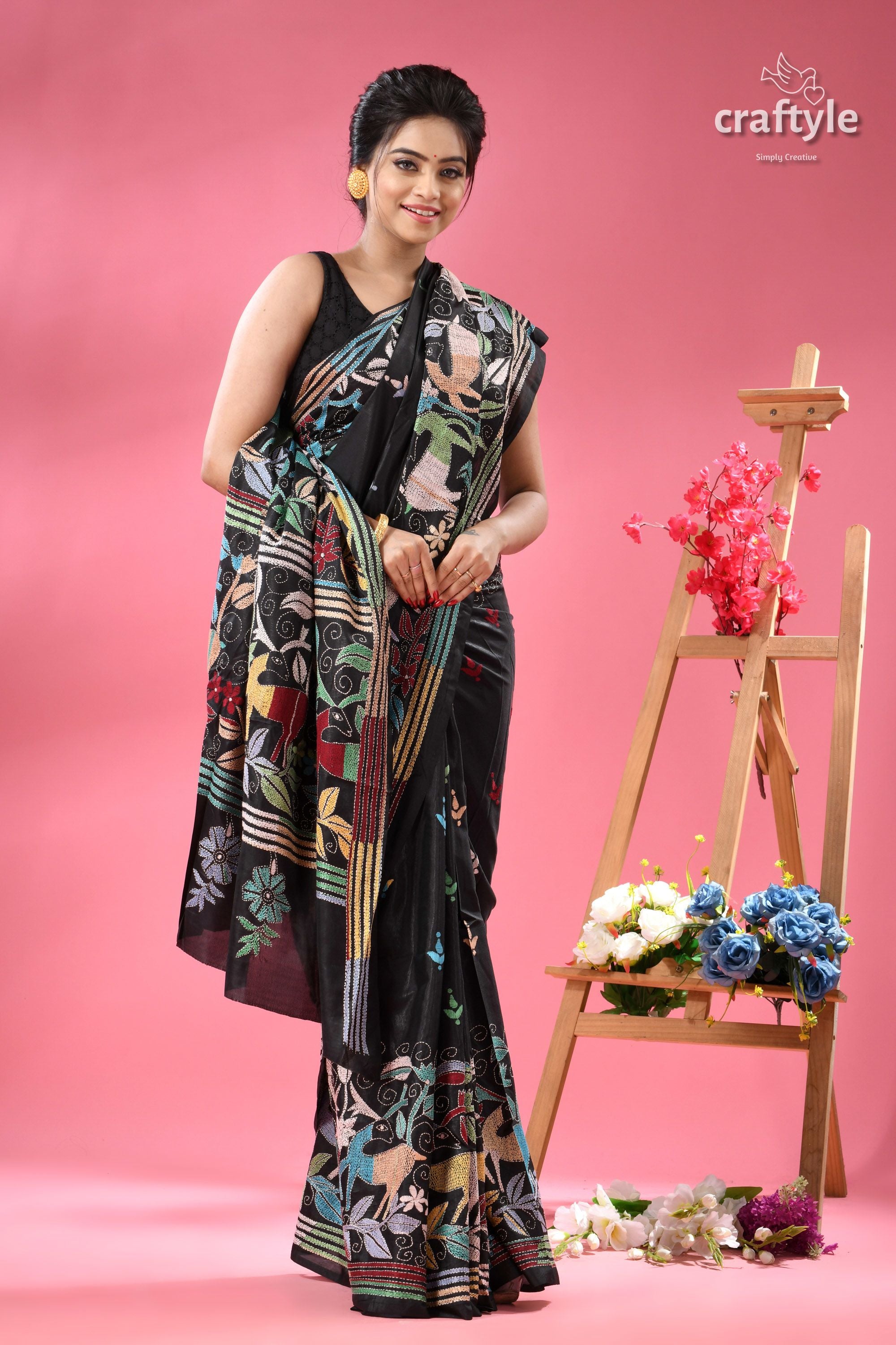 Charcoal Black Kantha Silk Saree with Exclusive Deer Motif
