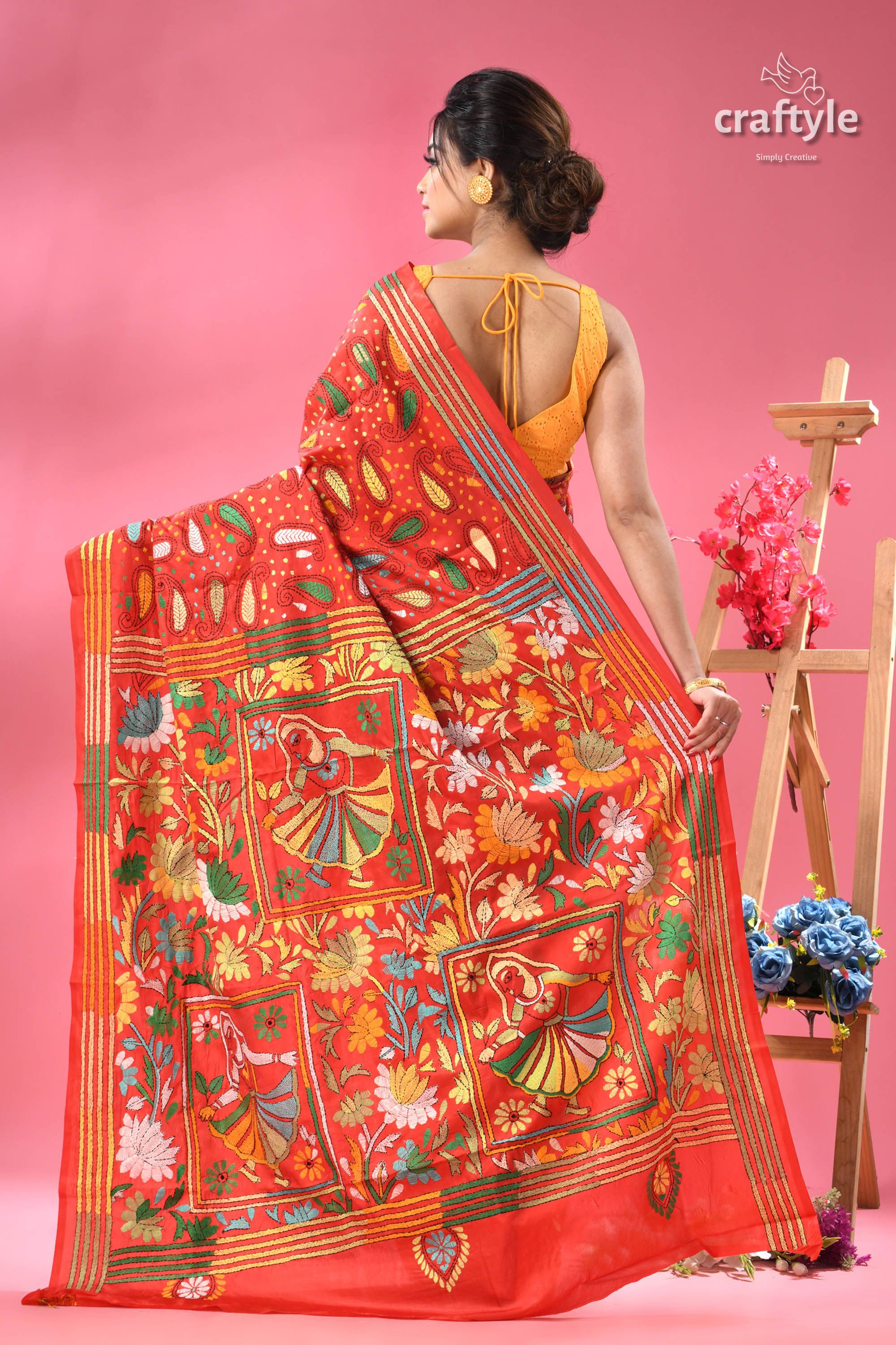 Artisan Crafted Lava Red Silk Kantha Work Saree