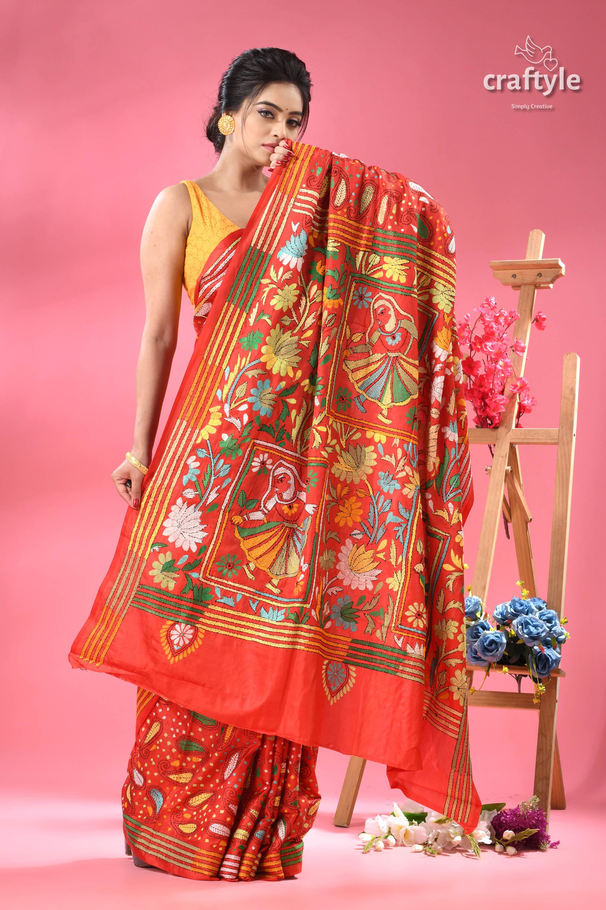Artisan Crafted Lava Red Silk Kantha Work Saree