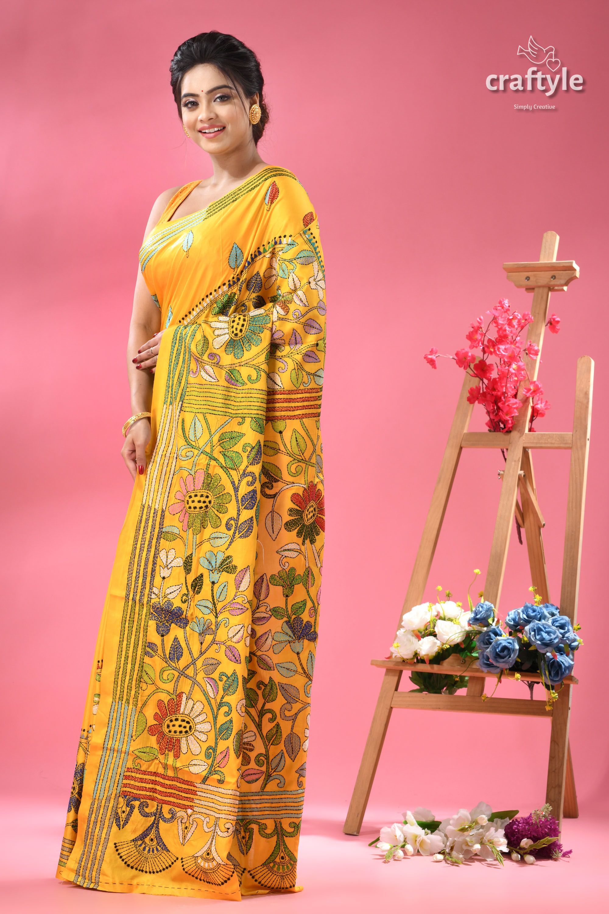 Corn Yellow Silk Kantha Work Saree - Botanical Design