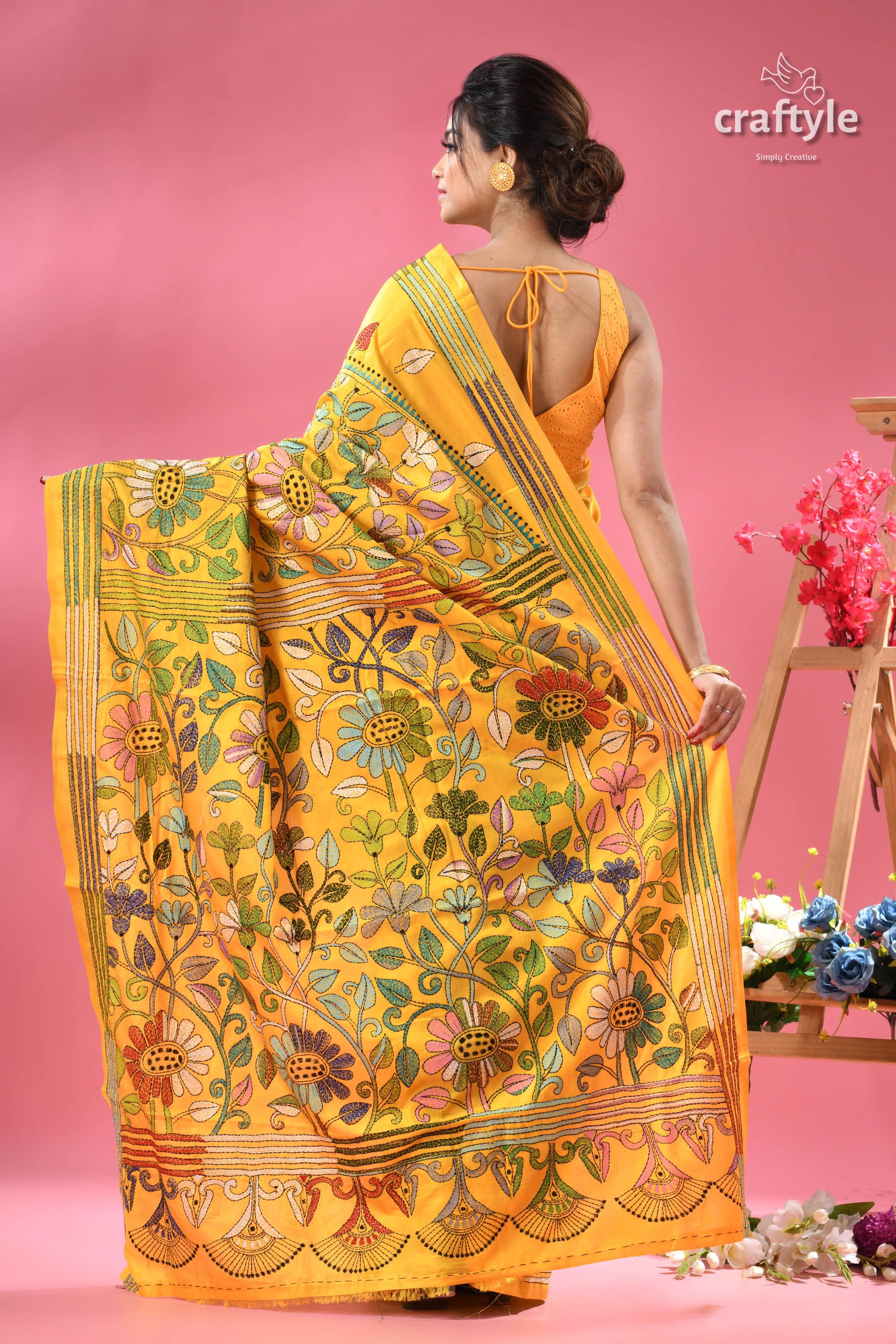Corn Yellow Silk Kantha Work Saree - Botanical Design