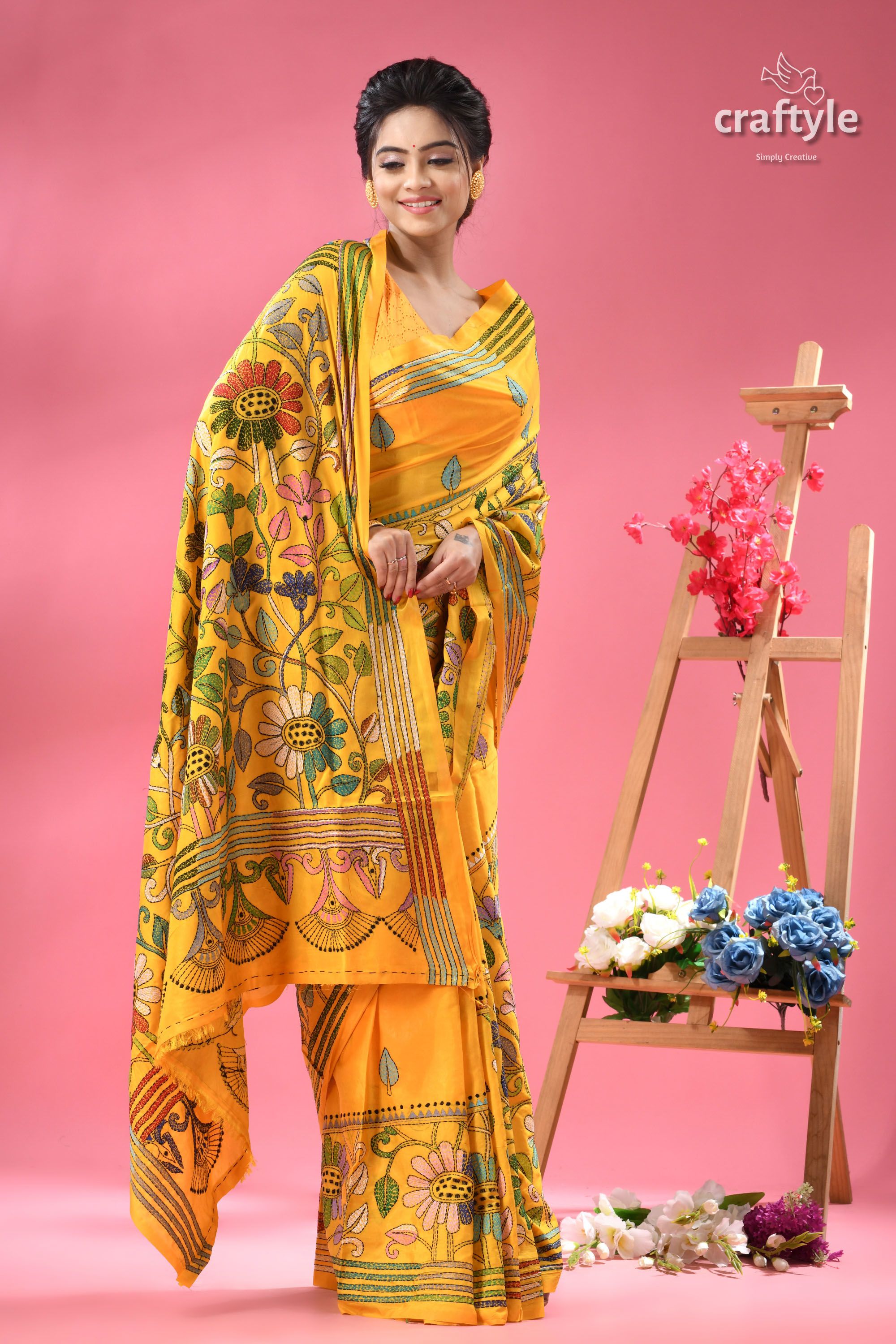 Corn Yellow Silk Kantha Work Saree - Botanical Design