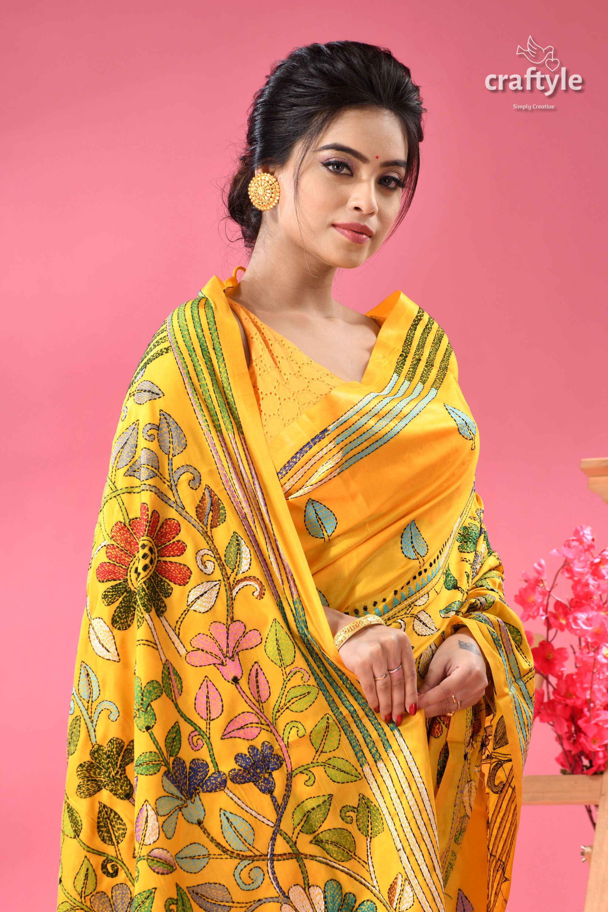 Corn Yellow Silk Kantha Work Saree - Botanical Design