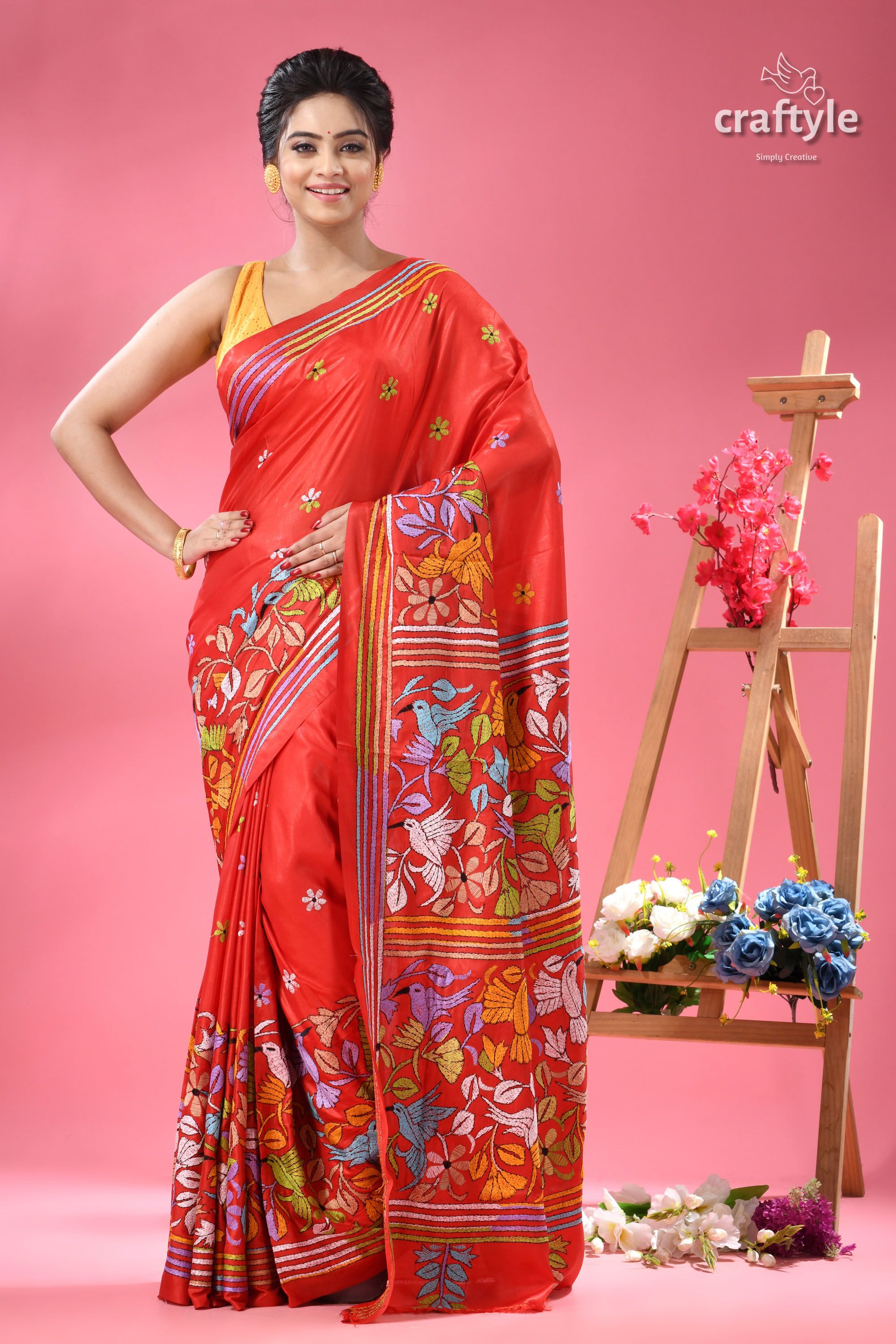Crimson Red Exquisite Silk Kantha Sari