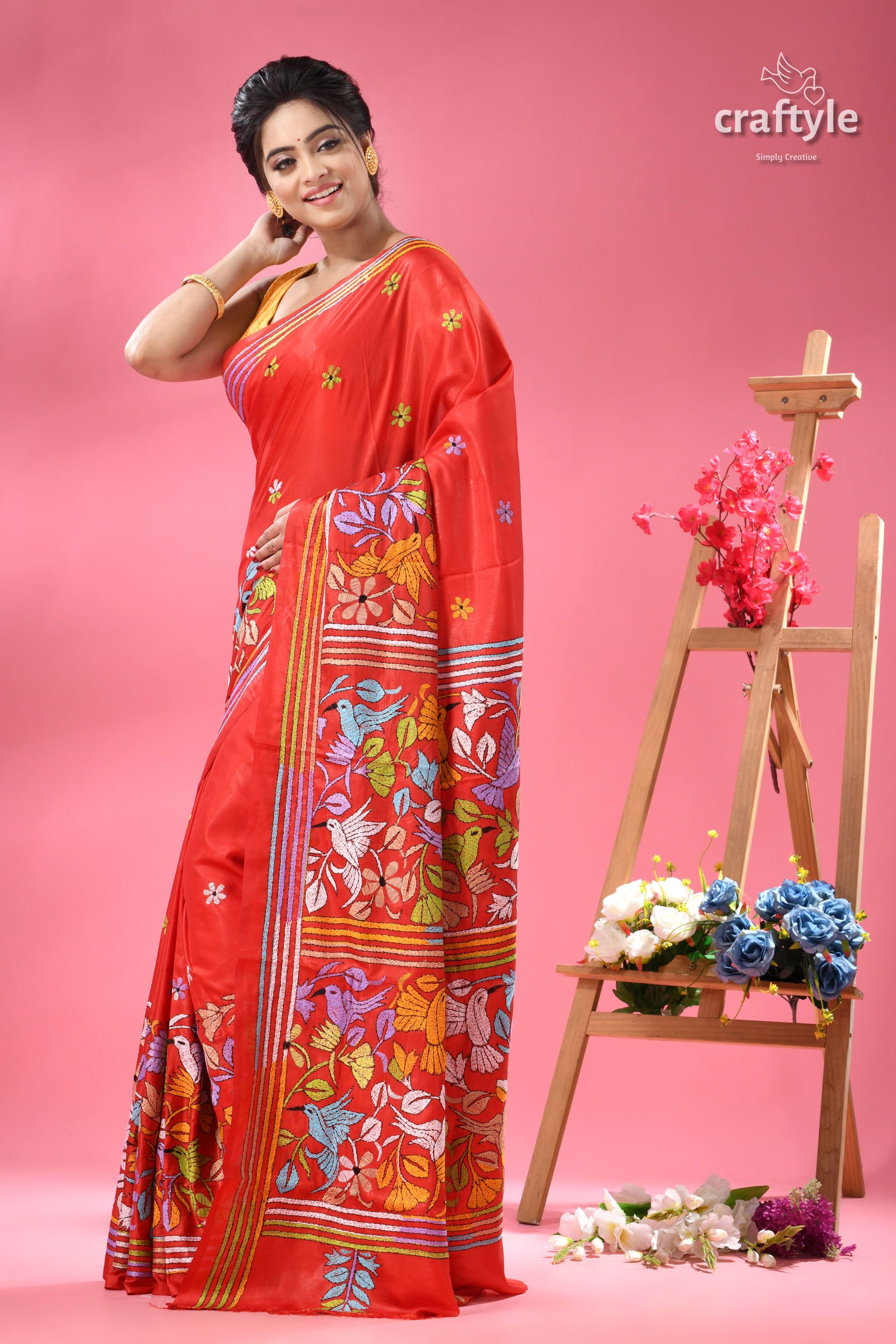 Crimson Red Exquisite Silk Kantha Sari