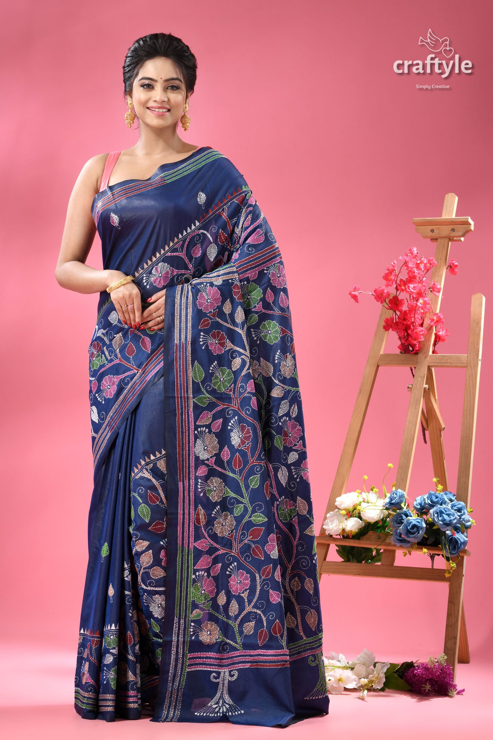 Cataline Blue Hibiscus Theme Kantha Embroidery Silk Sari