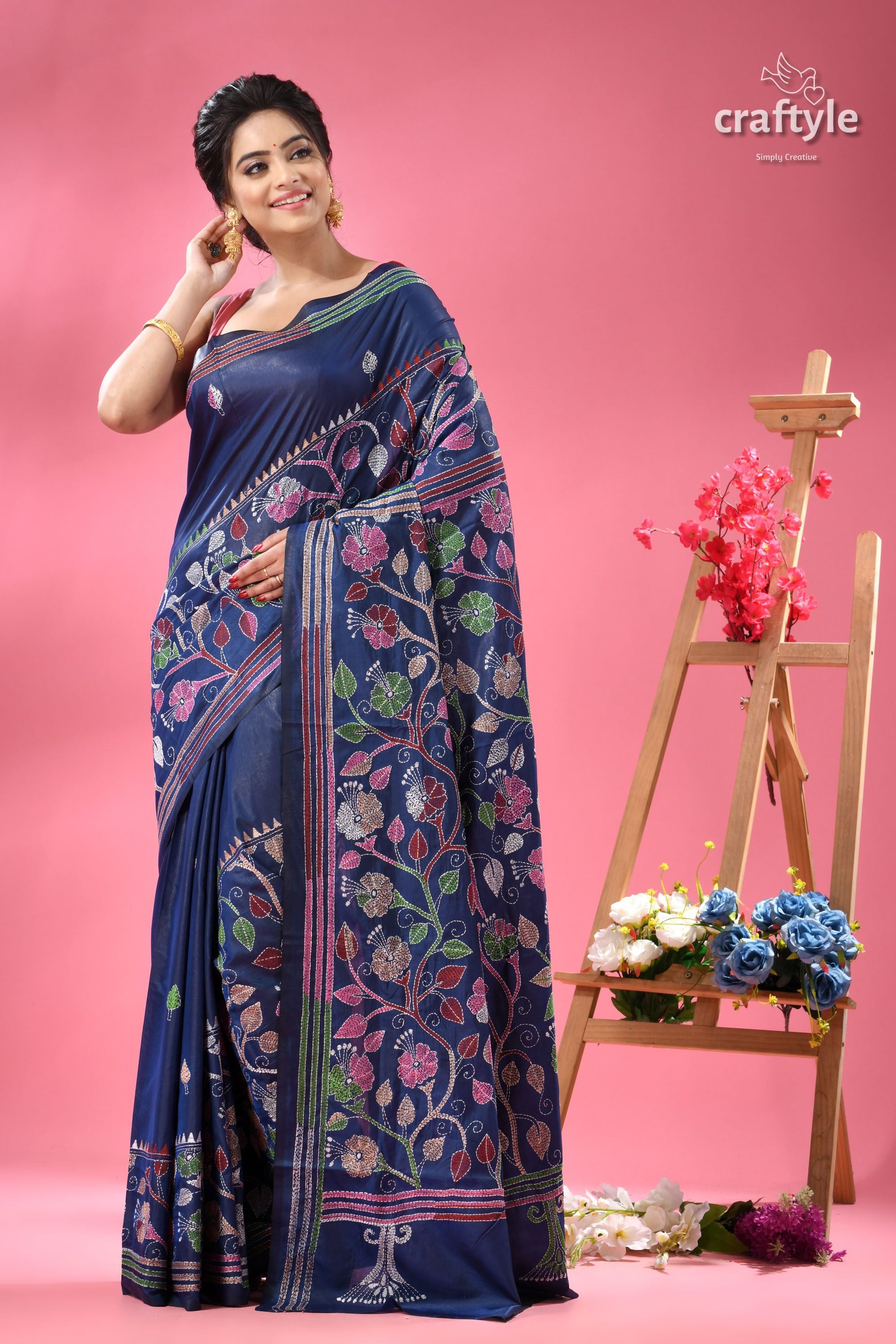 Cataline Blue Hibiscus Theme Kantha Embroidery Silk Sari