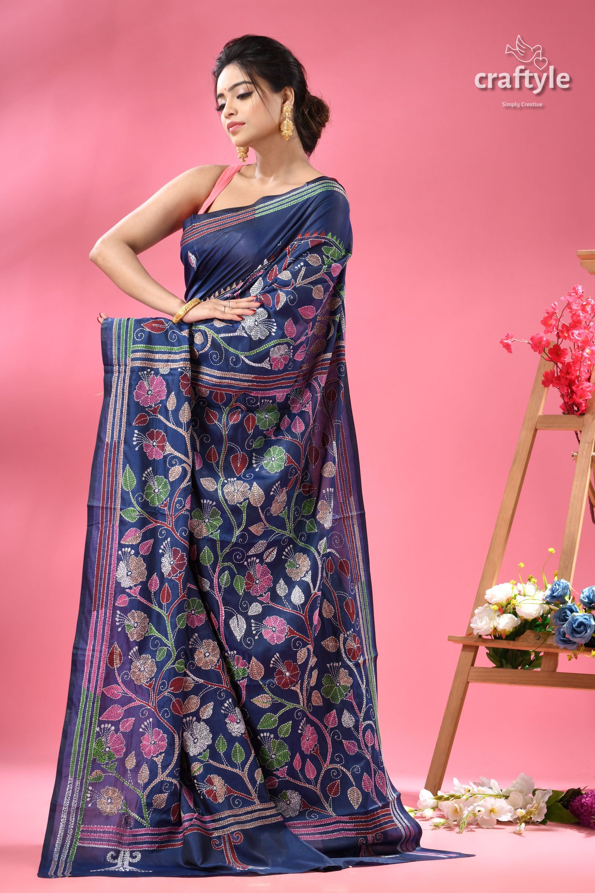 Cataline Blue Hibiscus Theme Kantha Embroidery Silk Sari