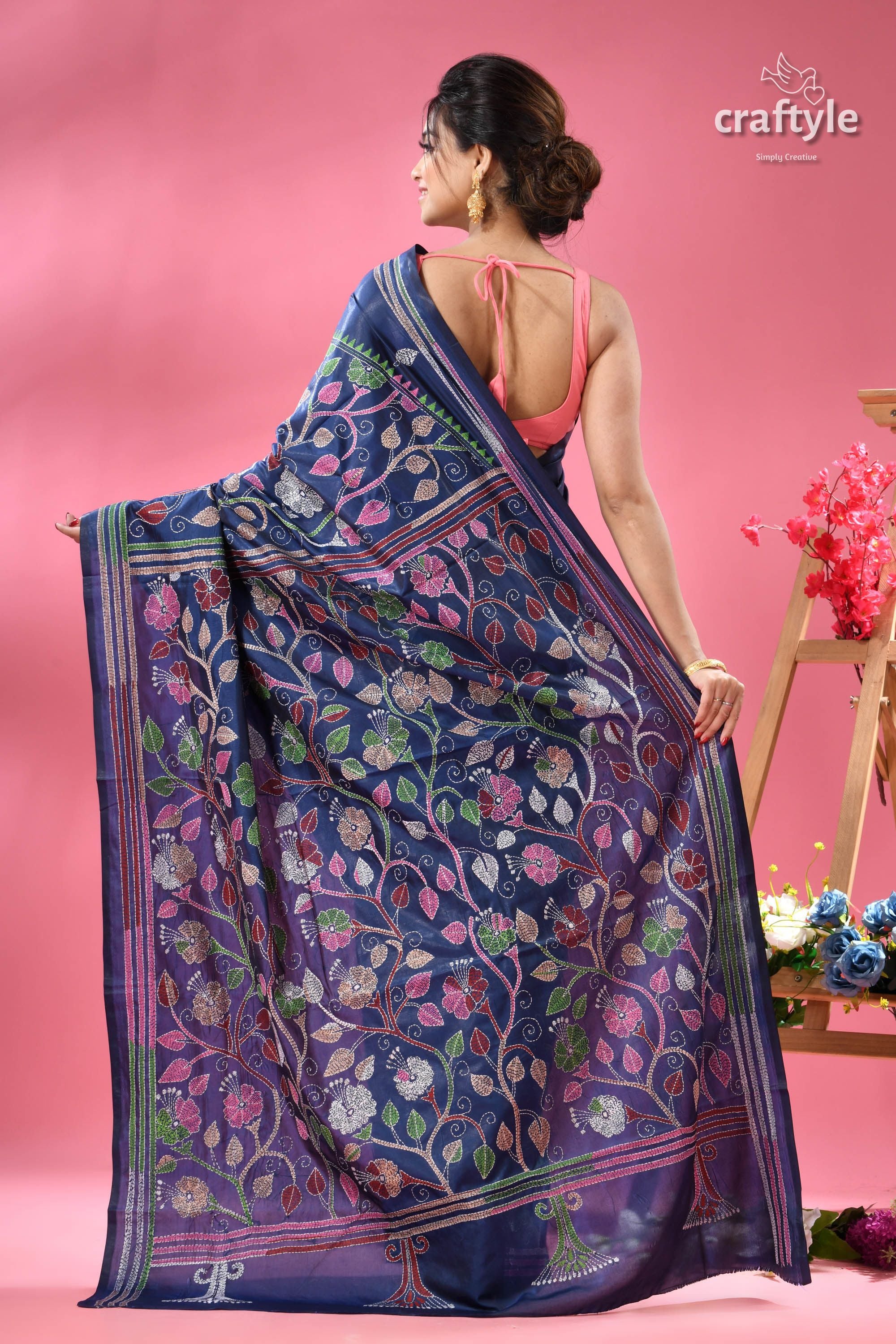 Cataline Blue Hibiscus Theme Kantha Embroidery Silk Sari