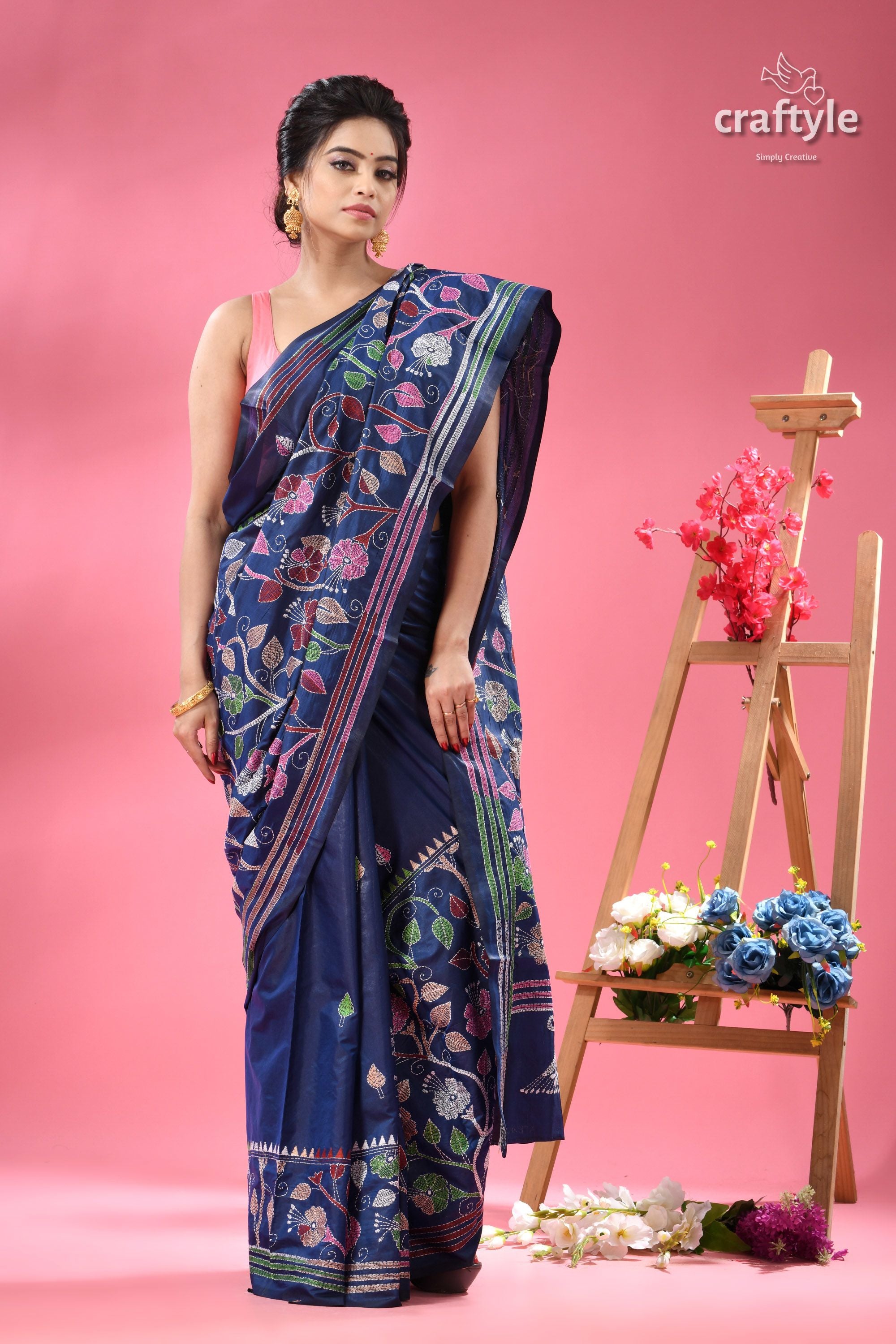 Cataline Blue Hibiscus Theme Kantha Embroidery Silk Sari