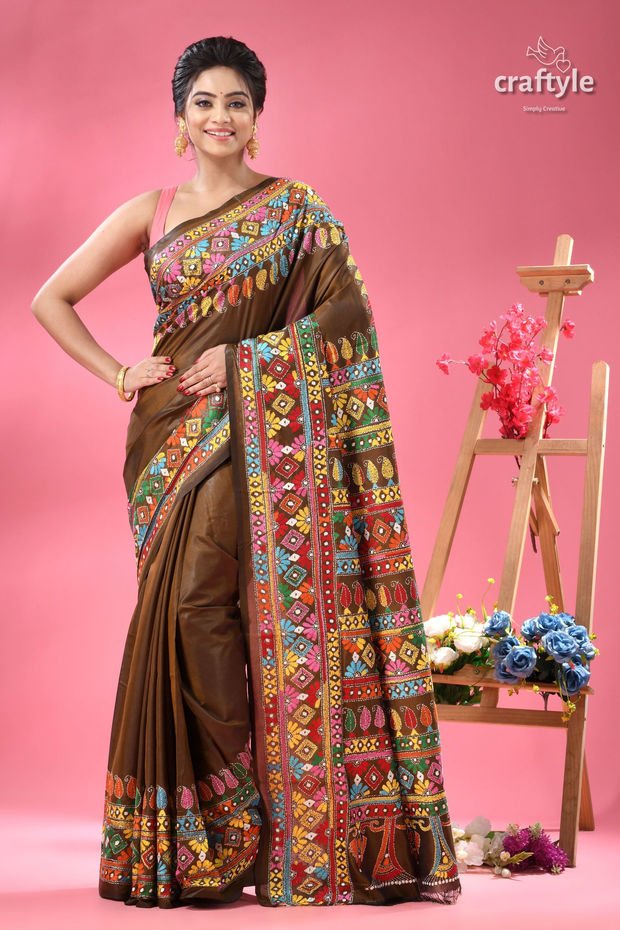 Dark Brown Multi-thread Exclusive Silk Kantha Saree