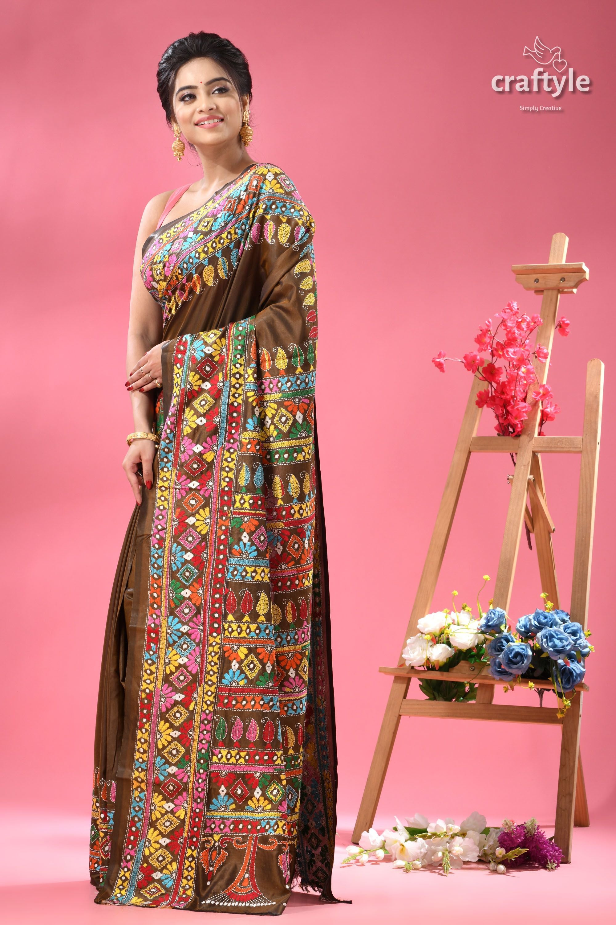 Dark Brown Multi-thread Exclusive Silk Kantha Saree