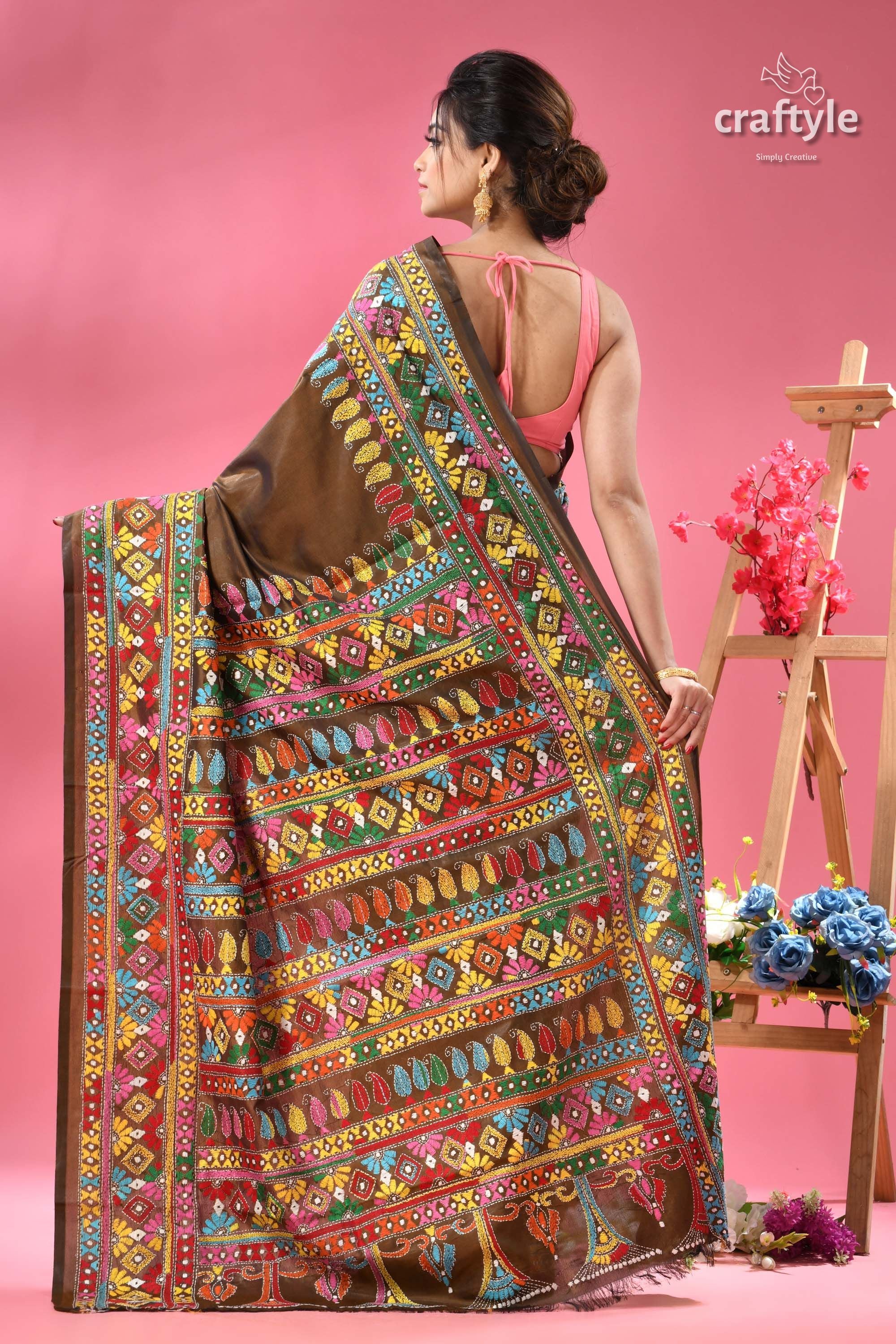 Dark Brown Multi-thread Exclusive Silk Kantha Saree